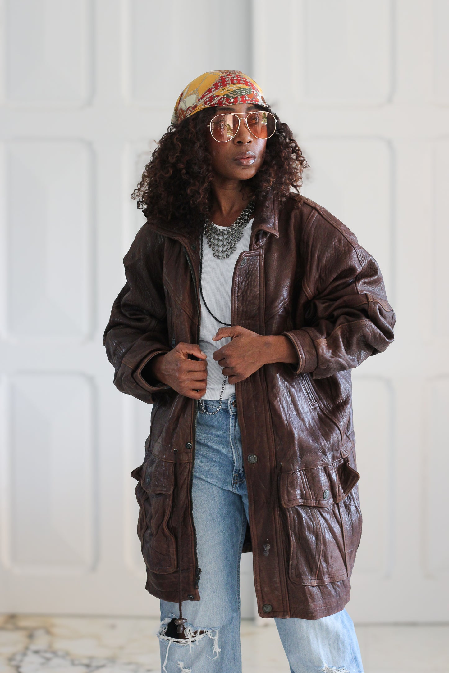 Blouson cuir brun oversize