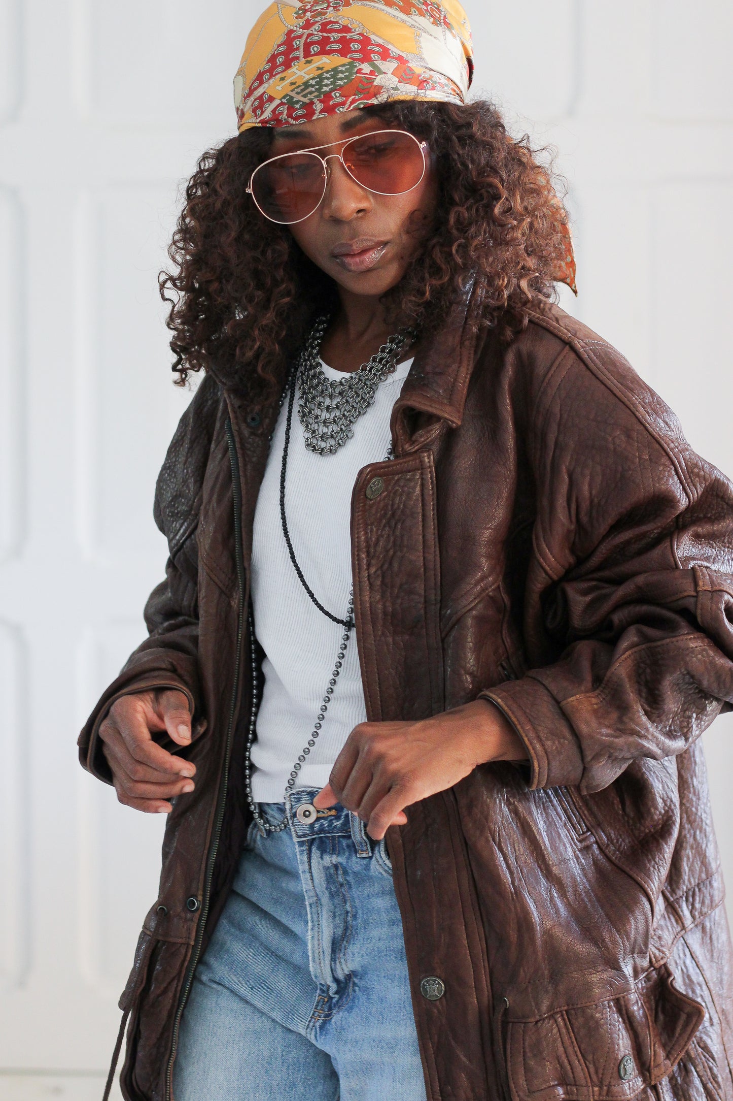 Blouson cuir brun oversize
