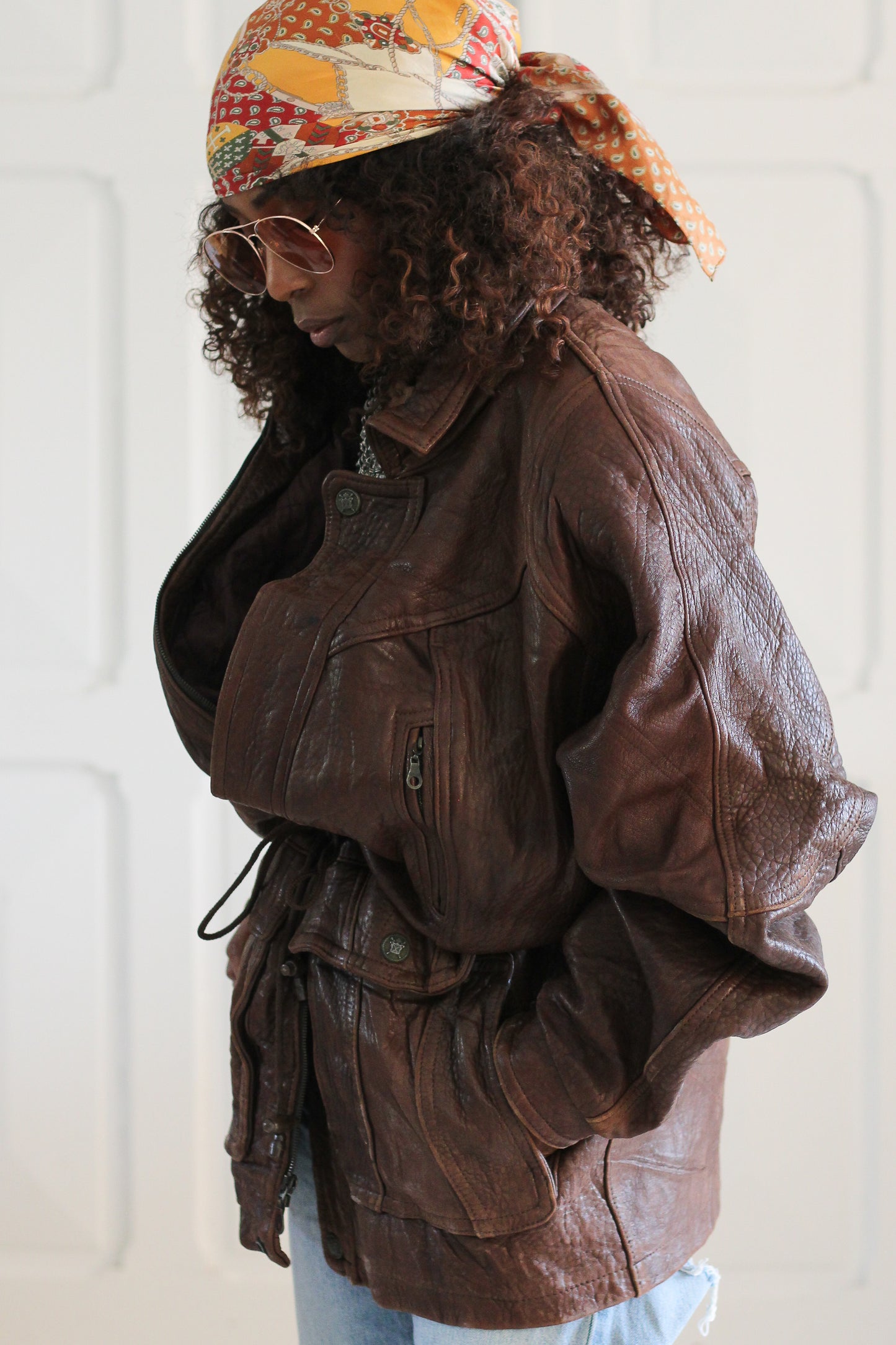 Blouson cuir brun oversize