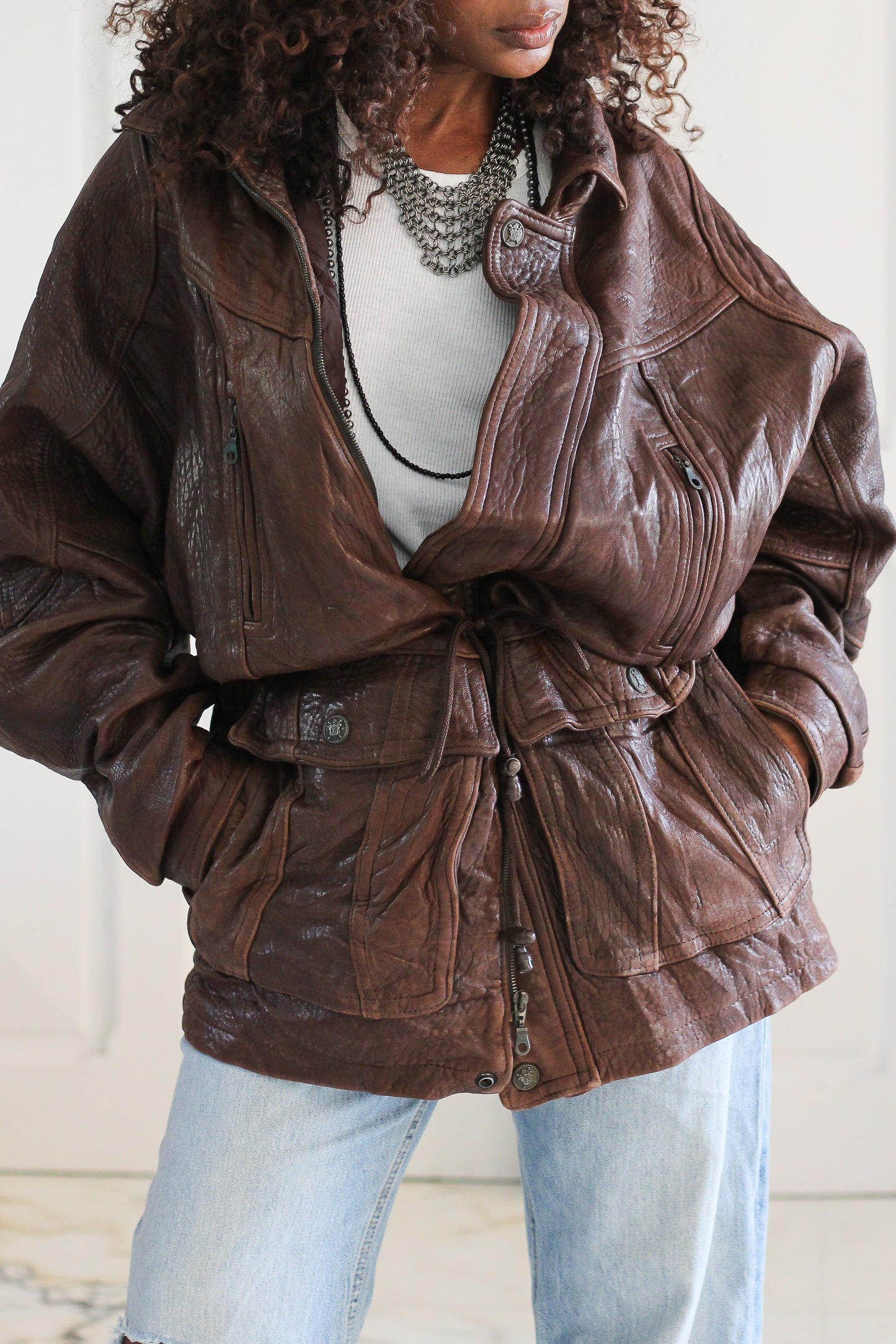 Blouson cuir brun oversize