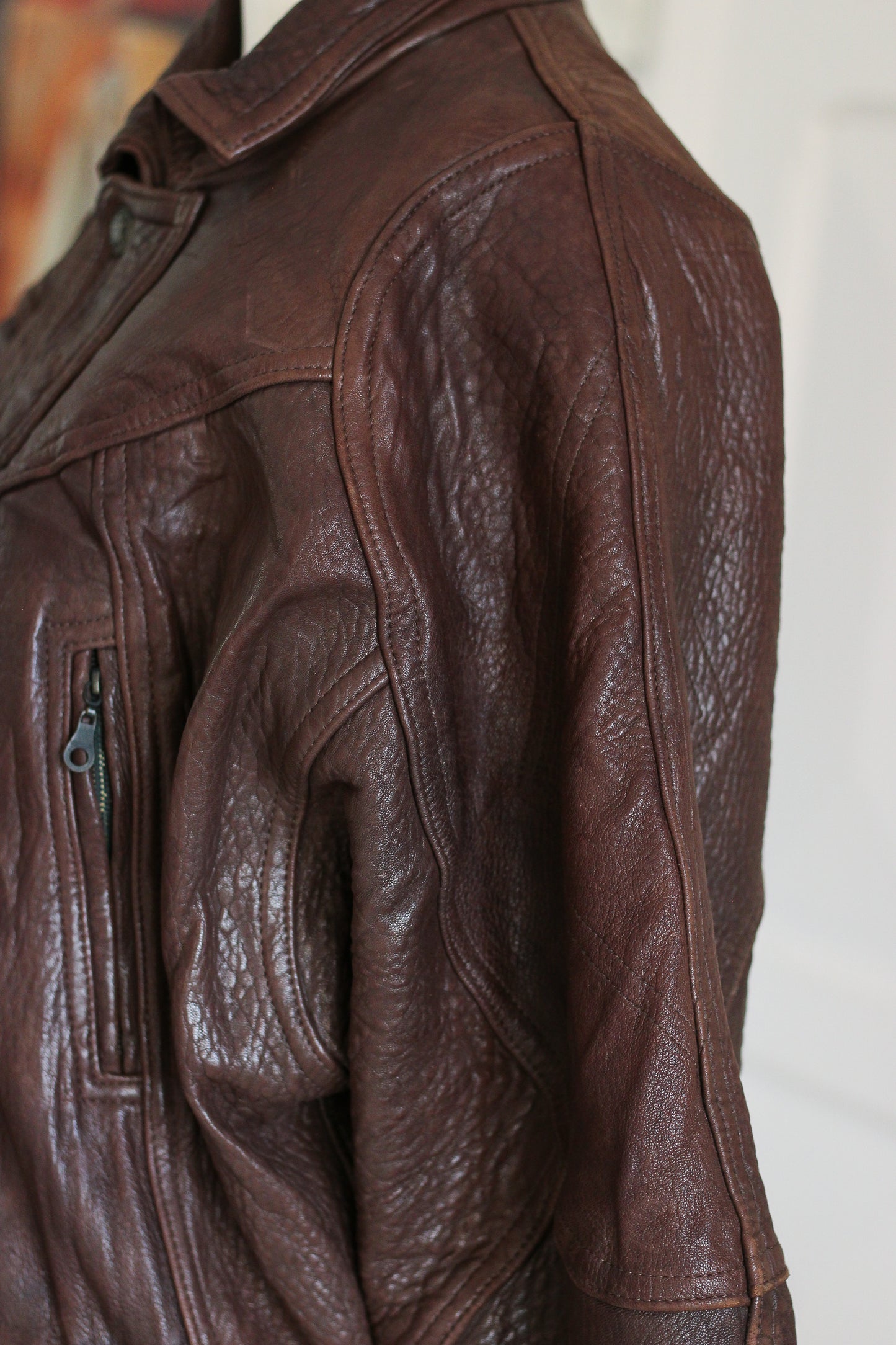 Blouson cuir brun oversize