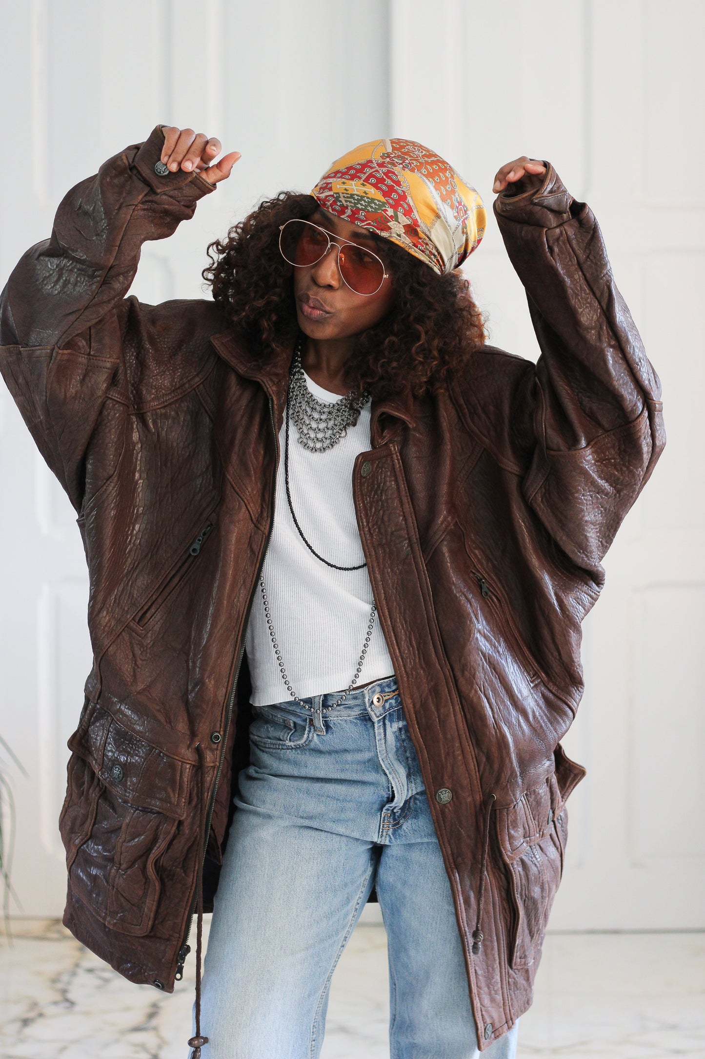 Blouson cuir brun oversize