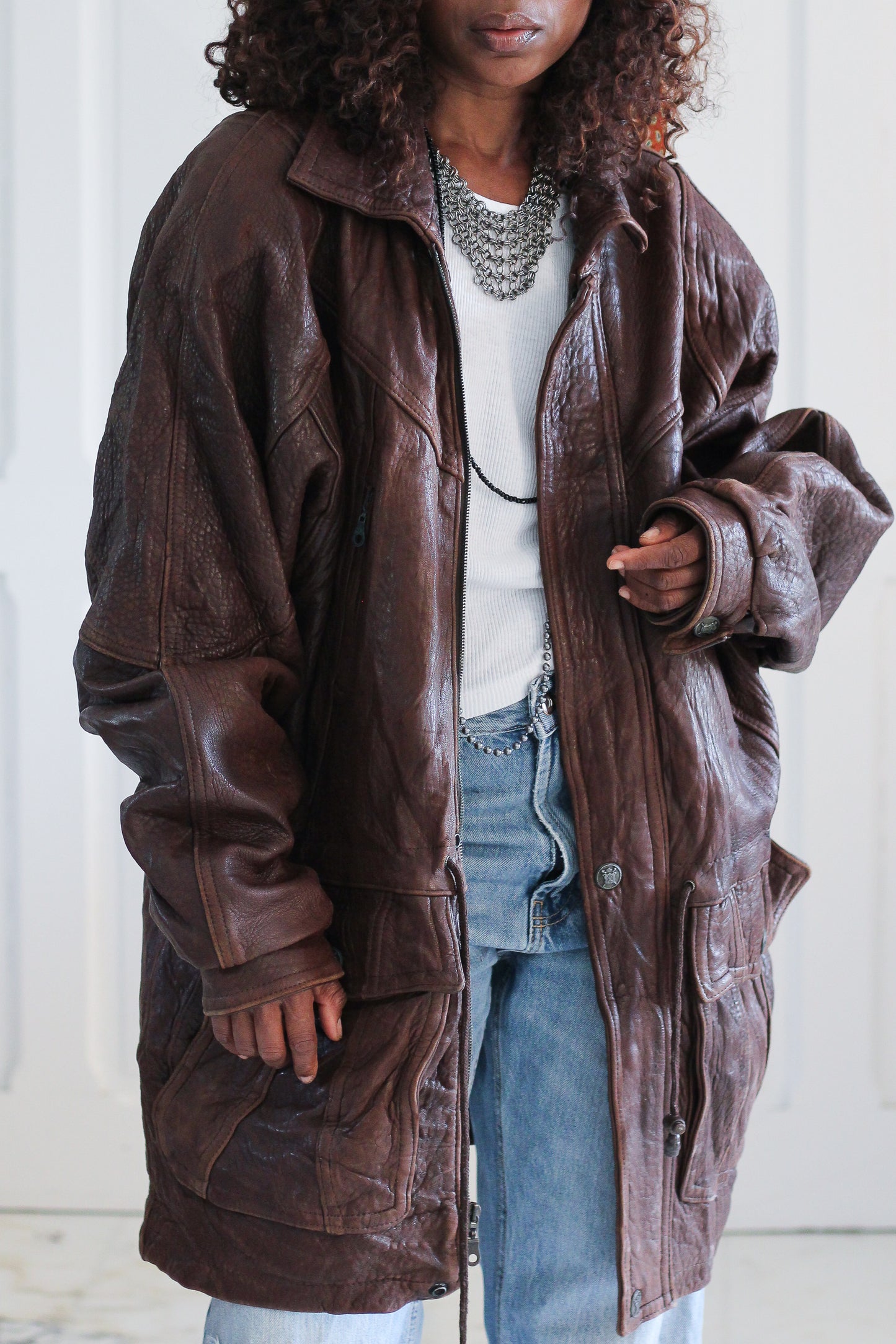 Blouson cuir brun oversize