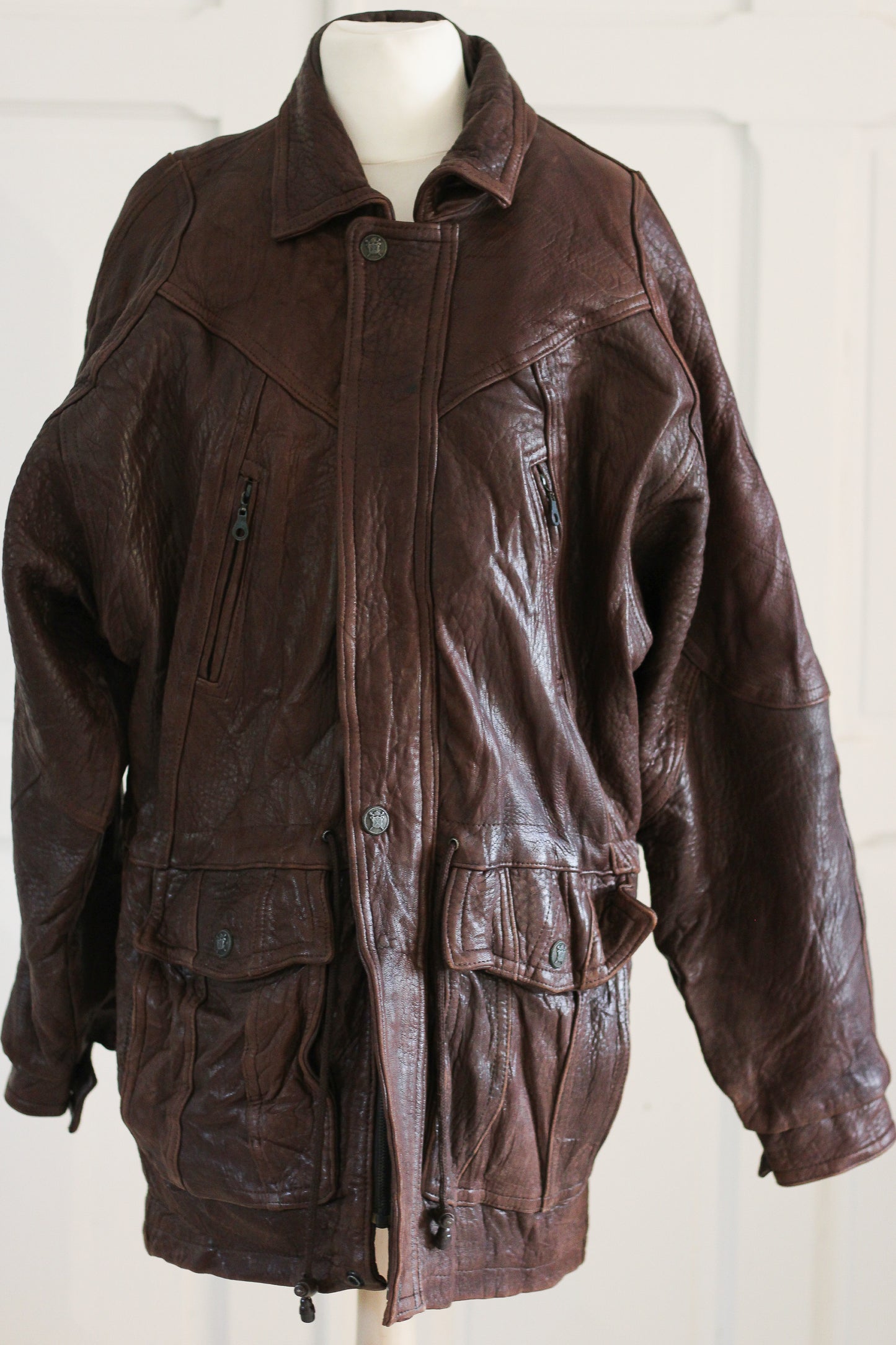 Blouson cuir brun oversize