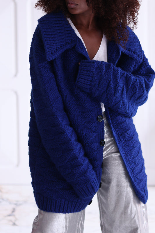Fait main cardigan long en laine tricotée  bleu cobalt