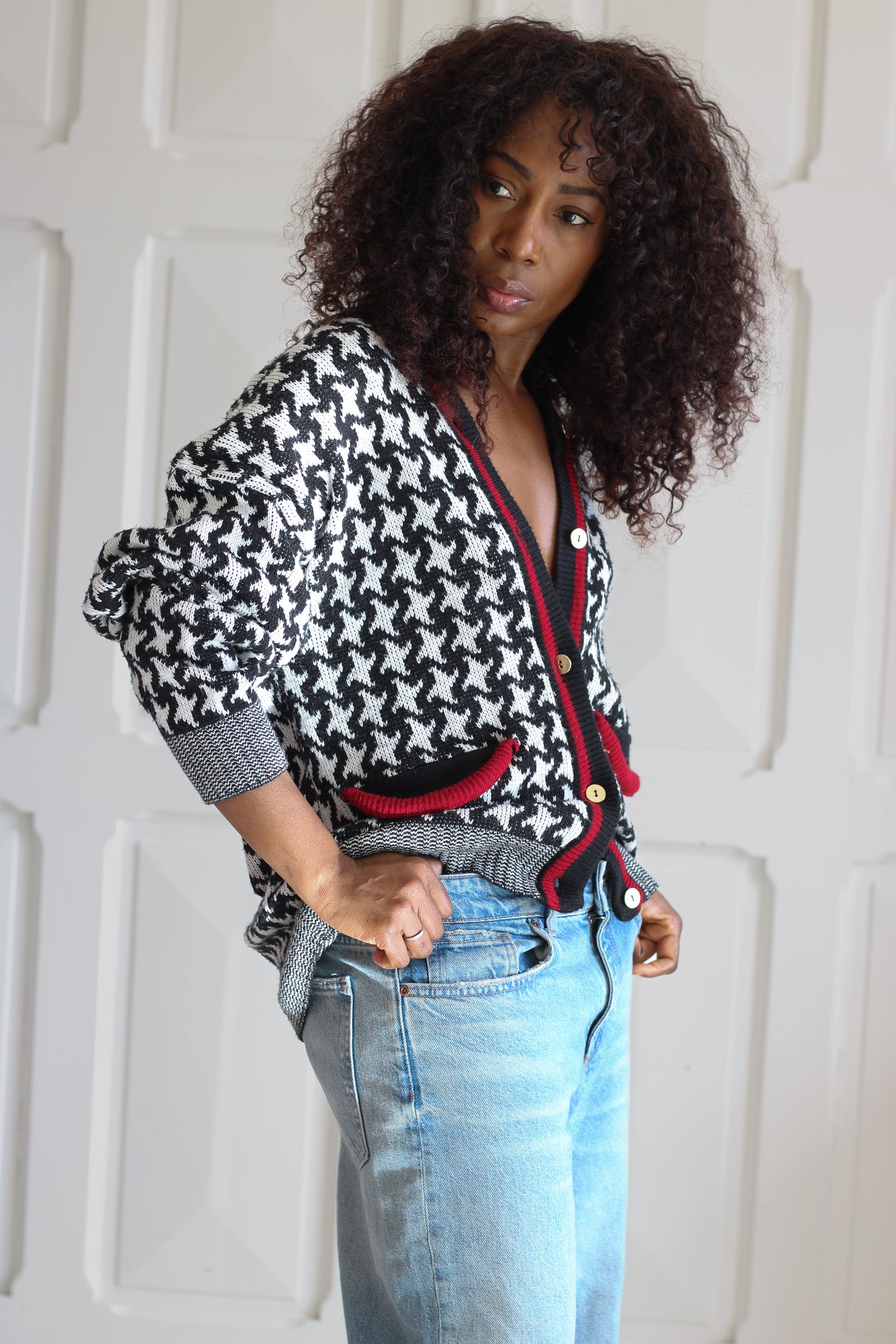 Cardigan vintage motif pied-de-poule