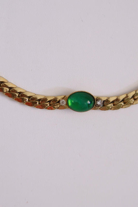 Collier vintage doré à pierre verte