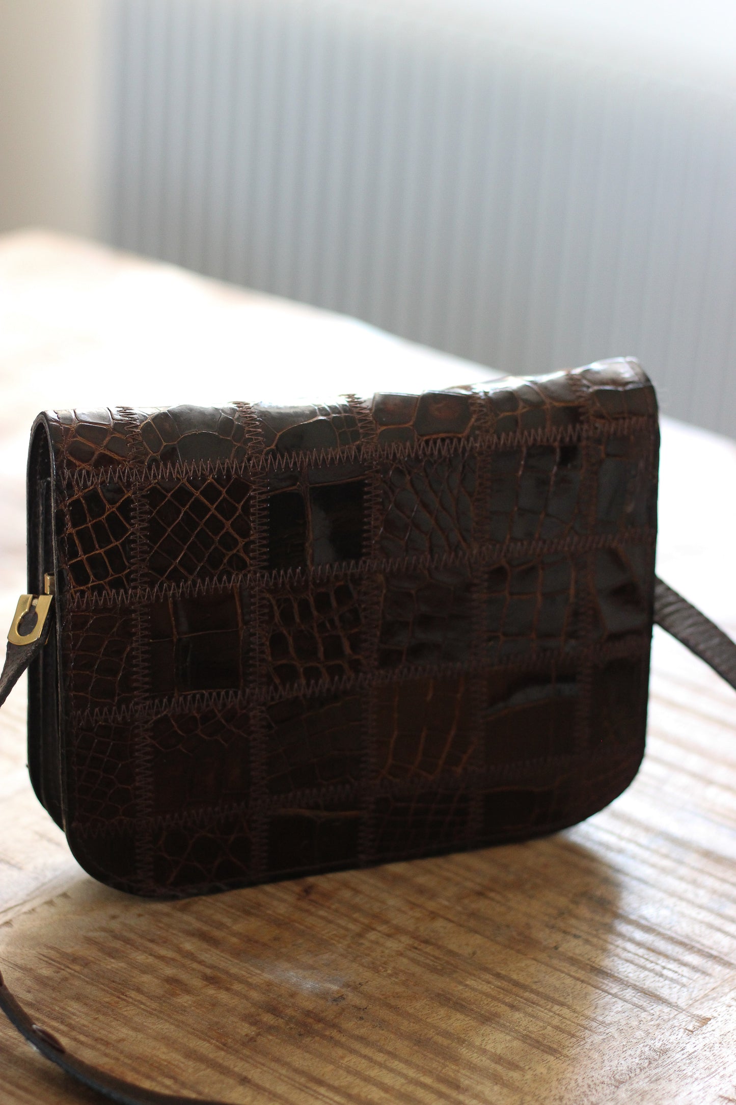 Sac vintage patchwork en cuir brun  année 70