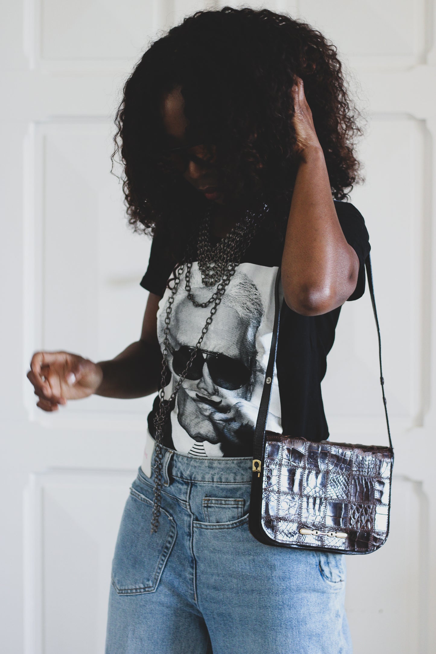 Sac vintage patchwork en cuir brun  année 70