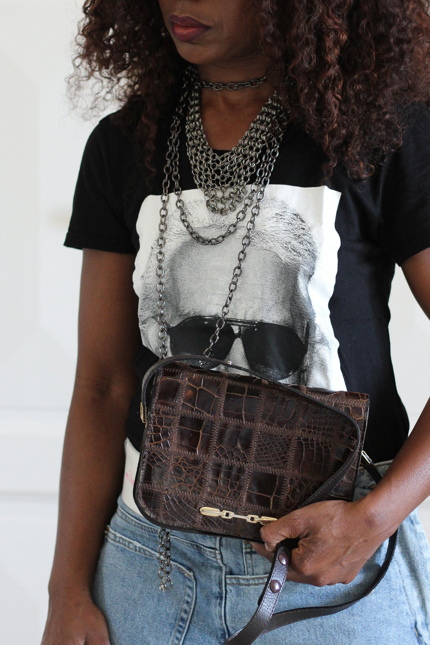 Sac vintage patchwork en cuir brun  année 70