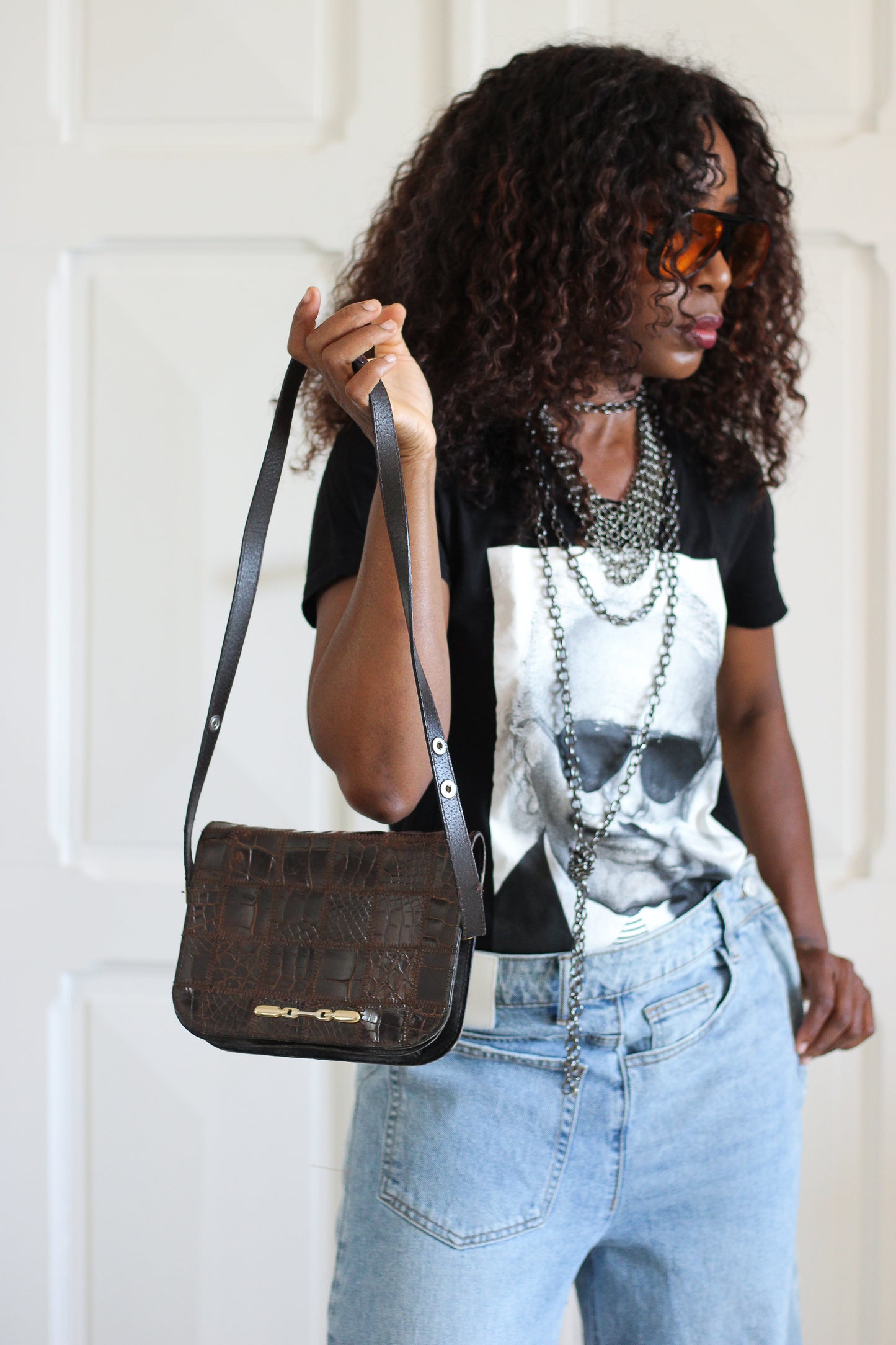 Sac vintage patchwork en cuir brun  année 70
