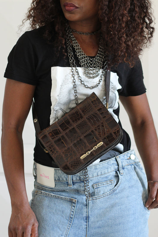 Sac vintage patchwork en cuir brun  année 70