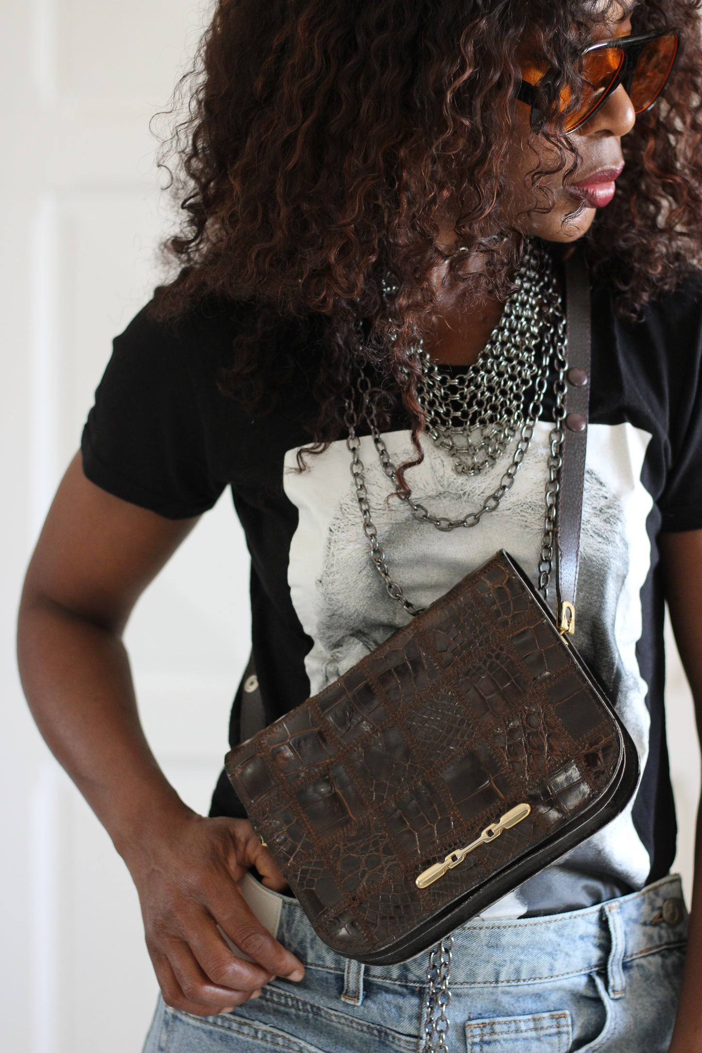 Sac vintage patchwork en cuir brun  année 70