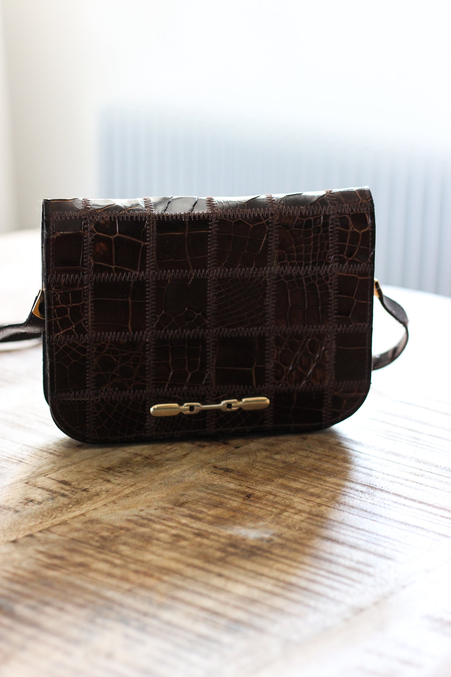 Sac vintage patchwork en cuir brun  année 70