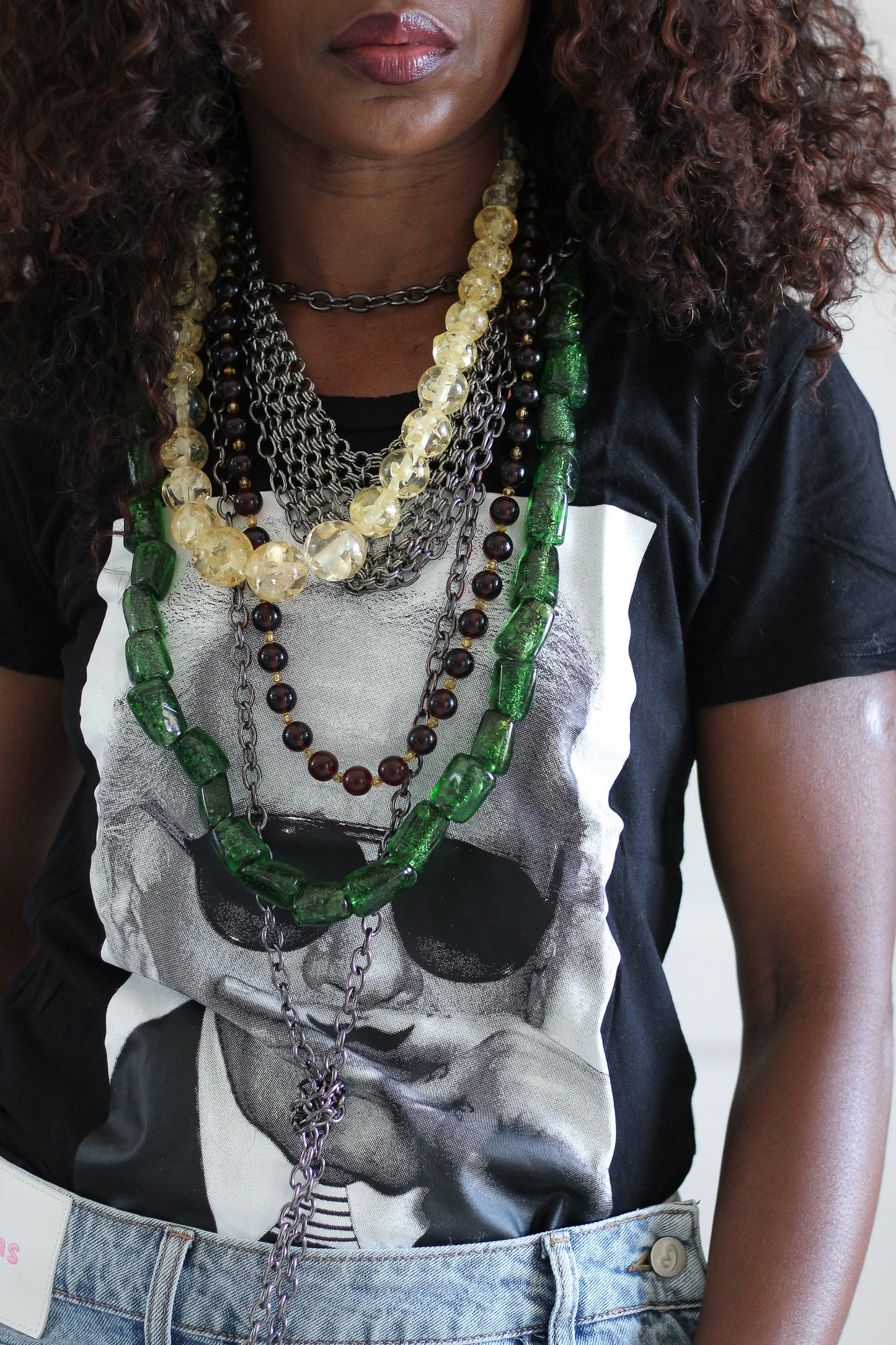 Collier vintage en perles de verre vert émeraude