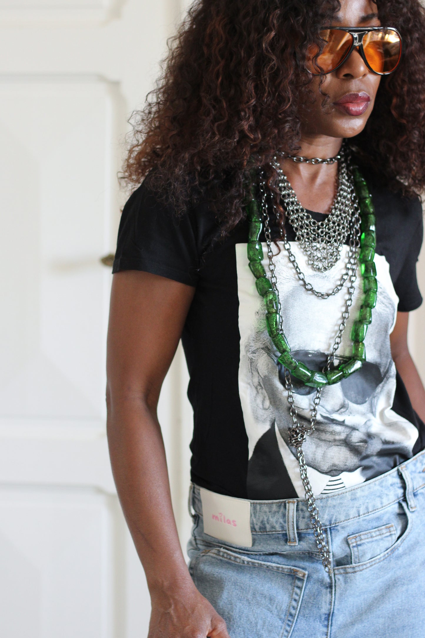 Collier vintage en perles de verre vert émeraude