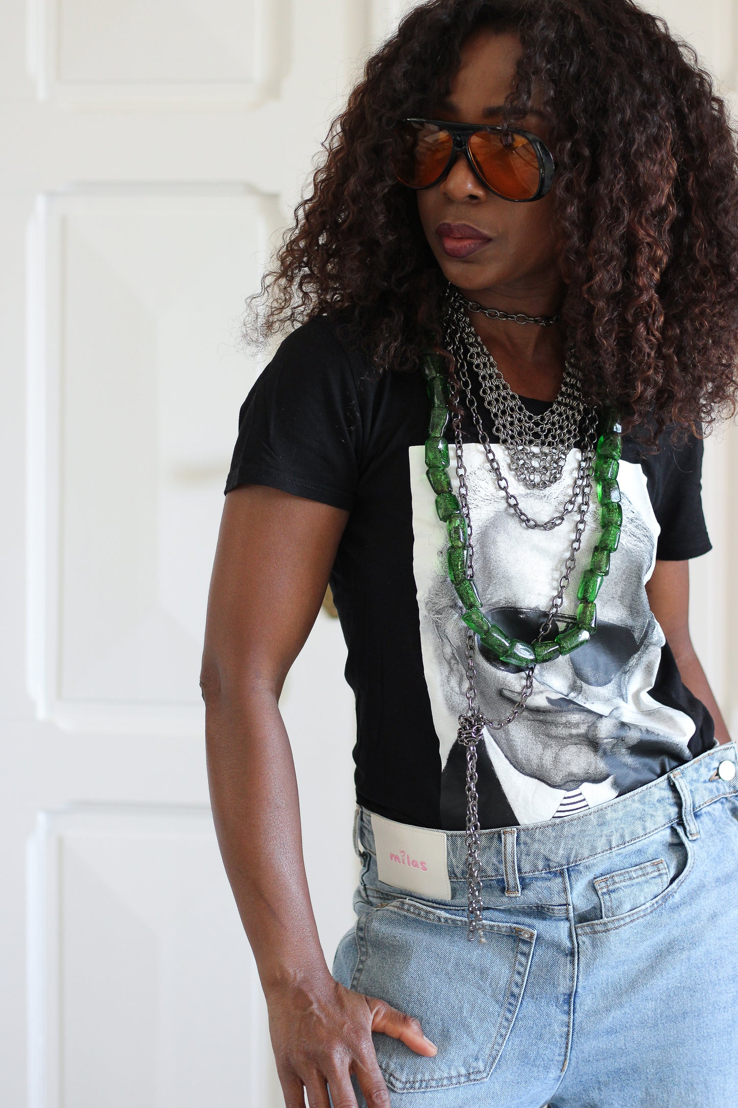 Collier vintage en perles de verre vert émeraude