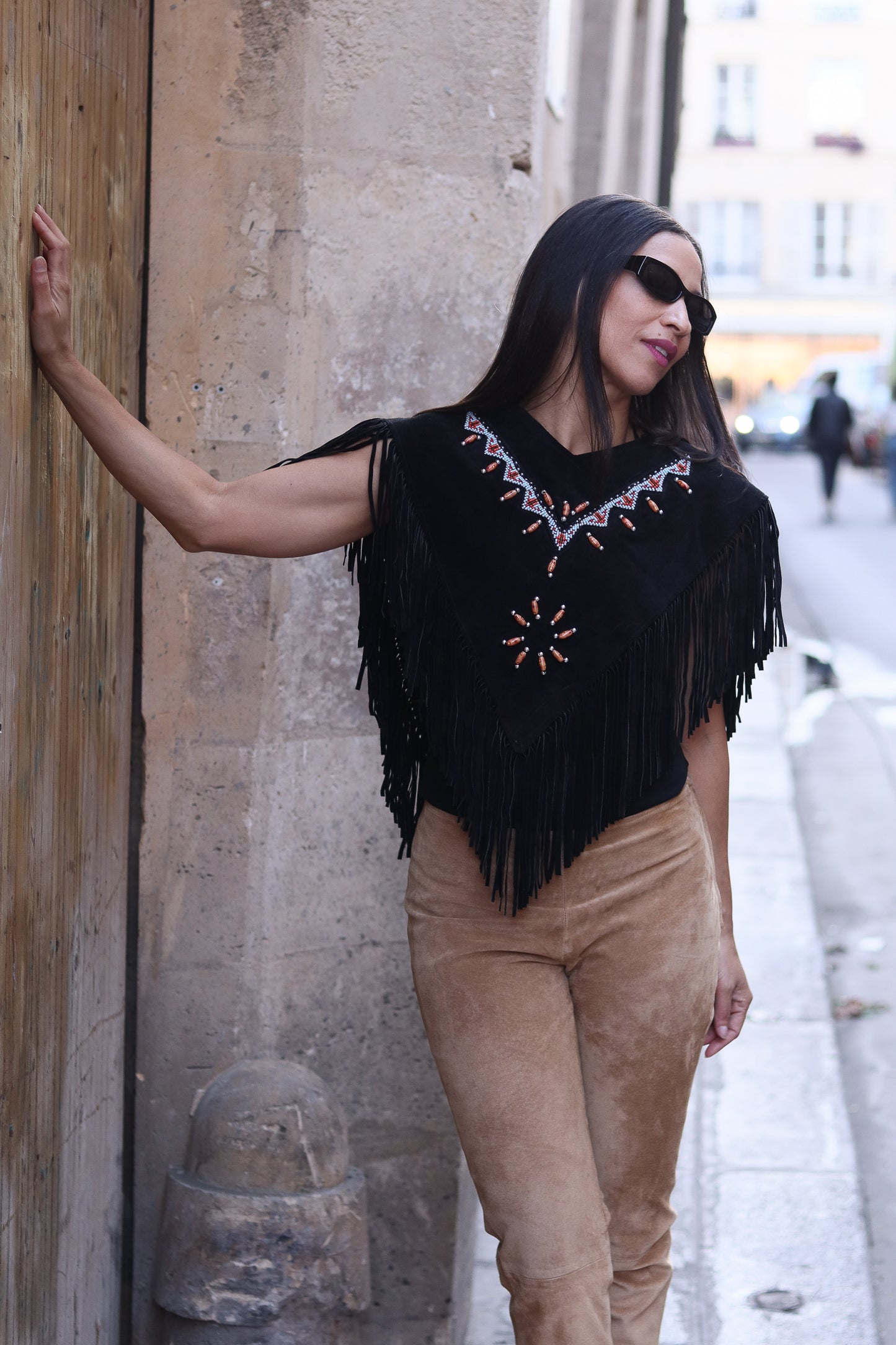 Fait main poncho à franges en cuir daim