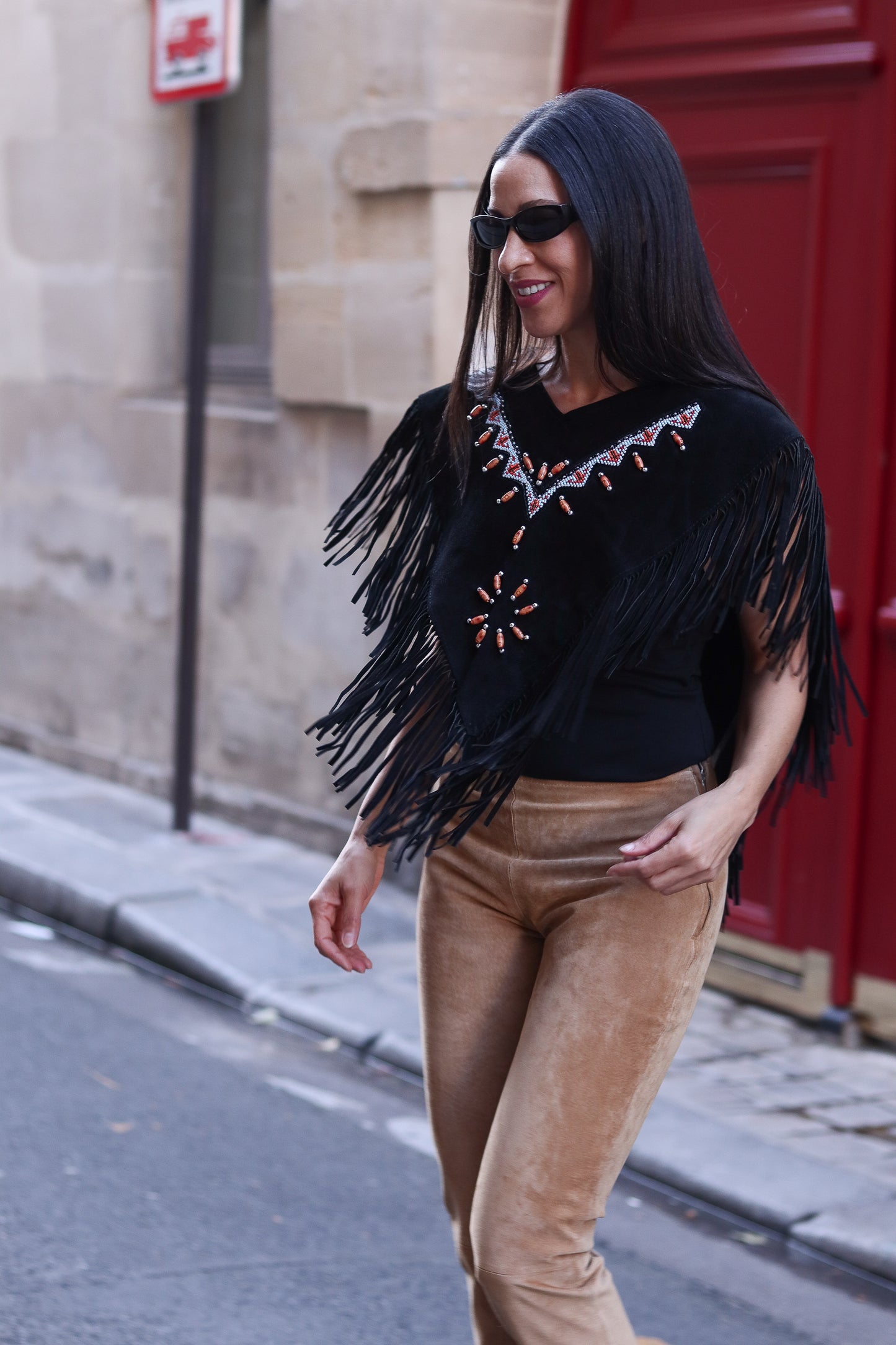 Fait main poncho à franges en cuir daim