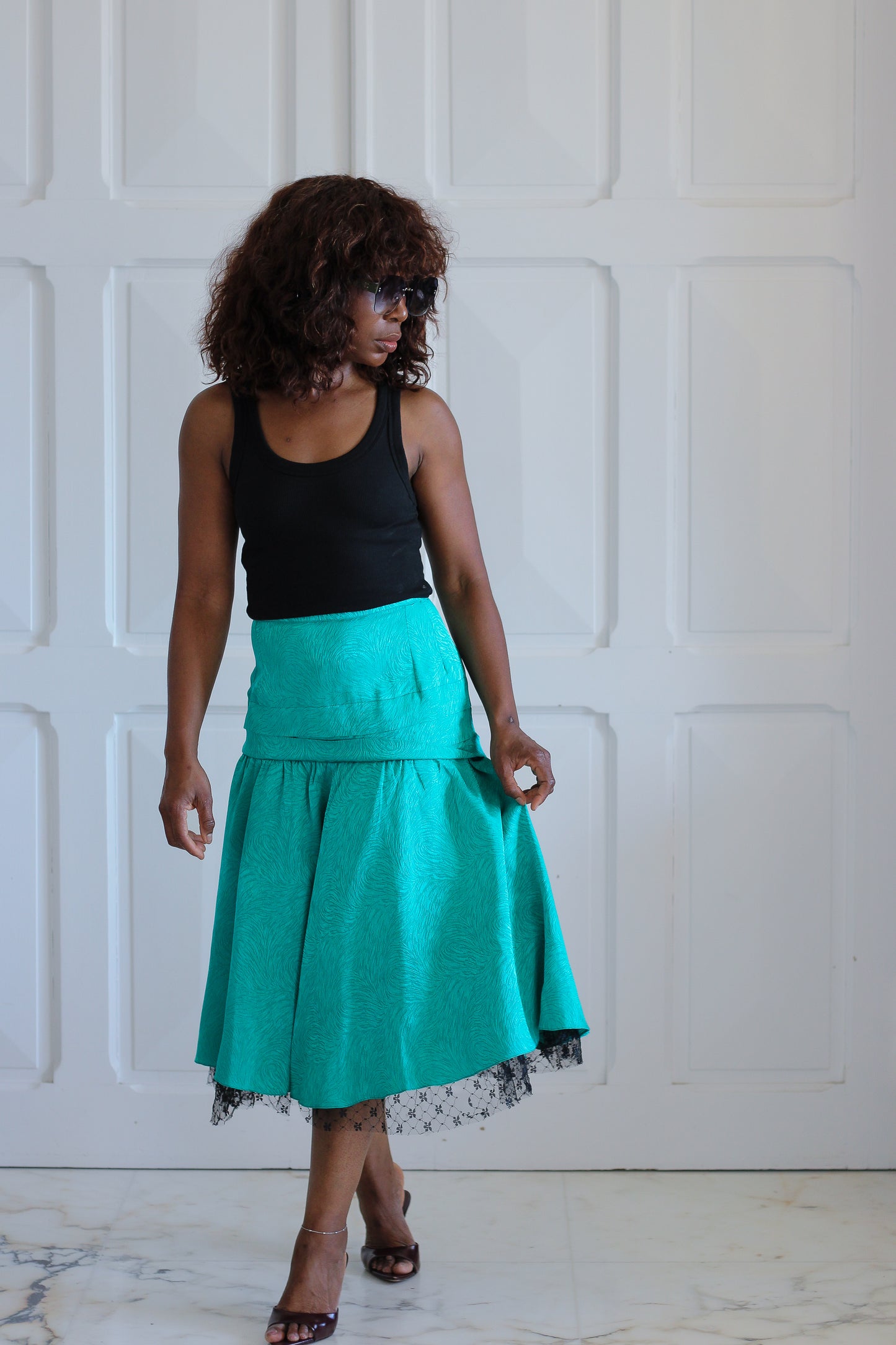 Jupe turquoise jacquard vintage