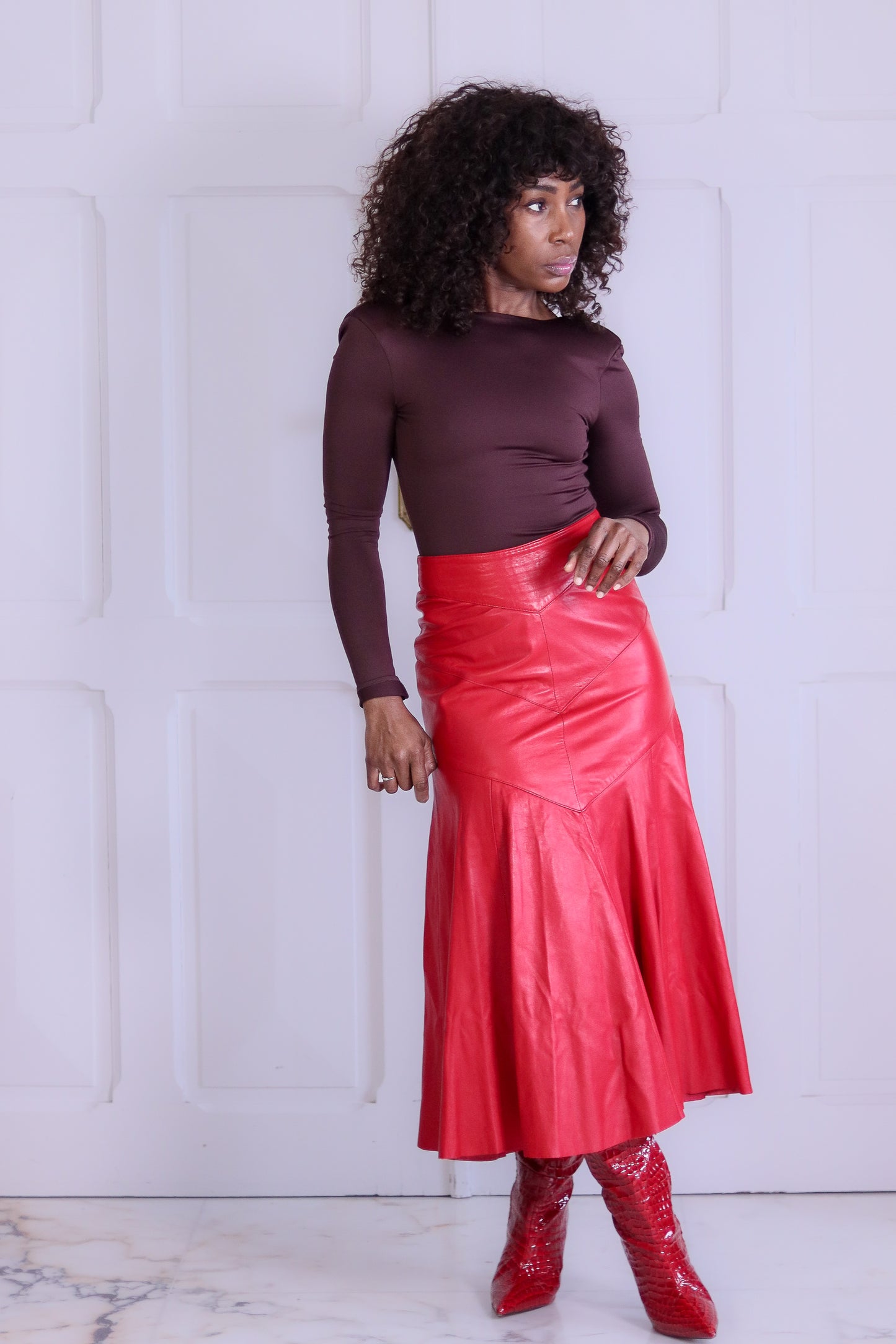 Begedor jupe midi cuir rouge