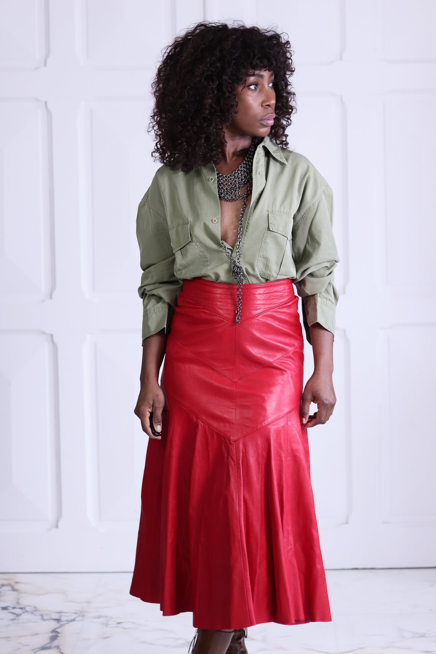 Begedor jupe midi cuir rouge