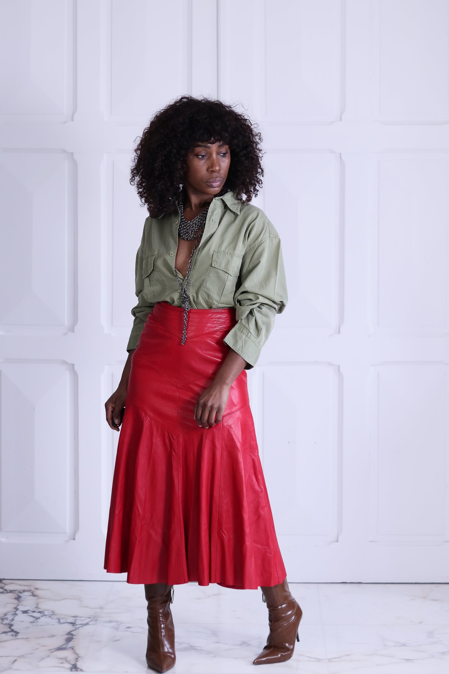 Begedor jupe midi cuir rouge