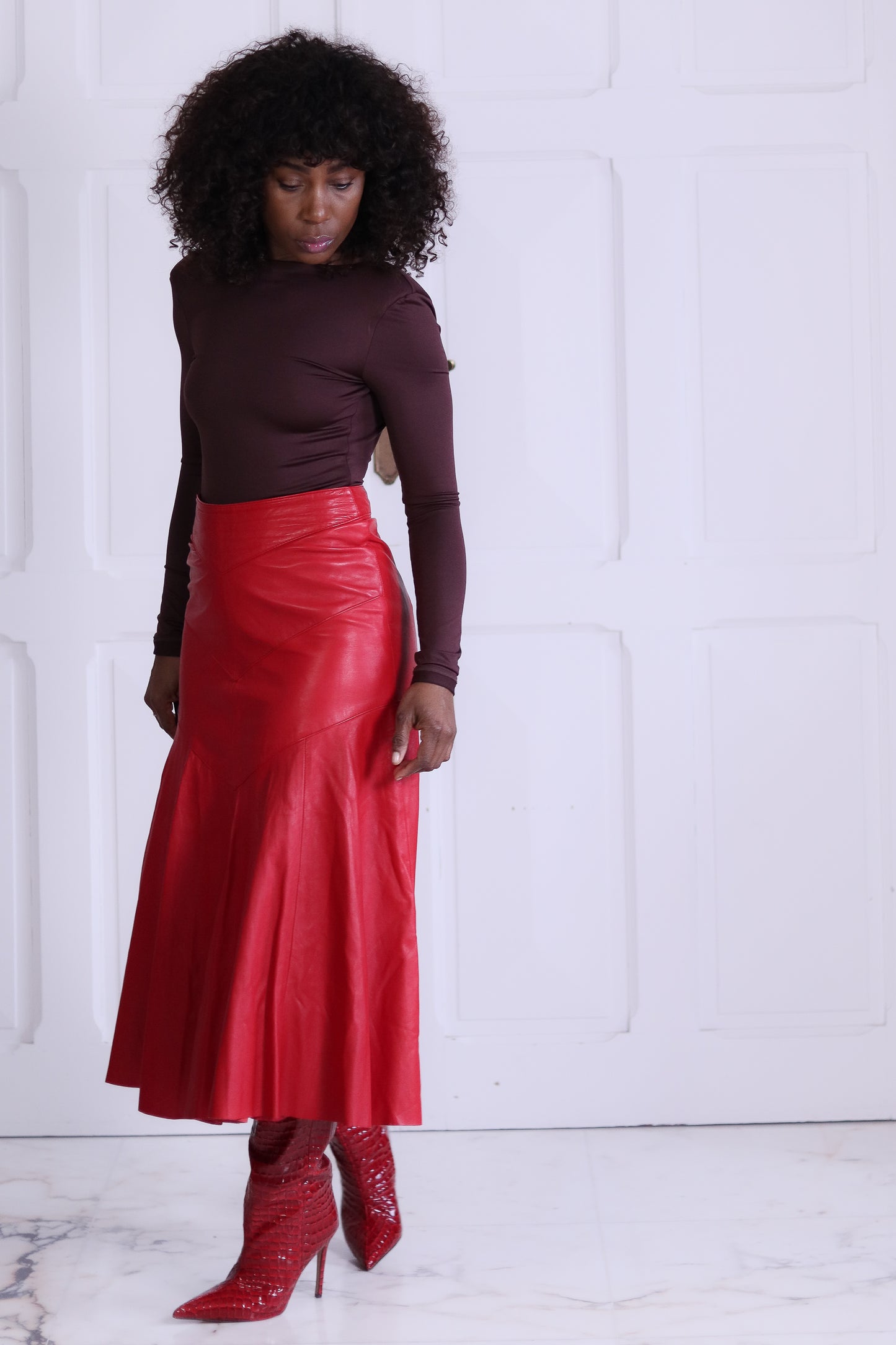 Begedor jupe midi cuir rouge