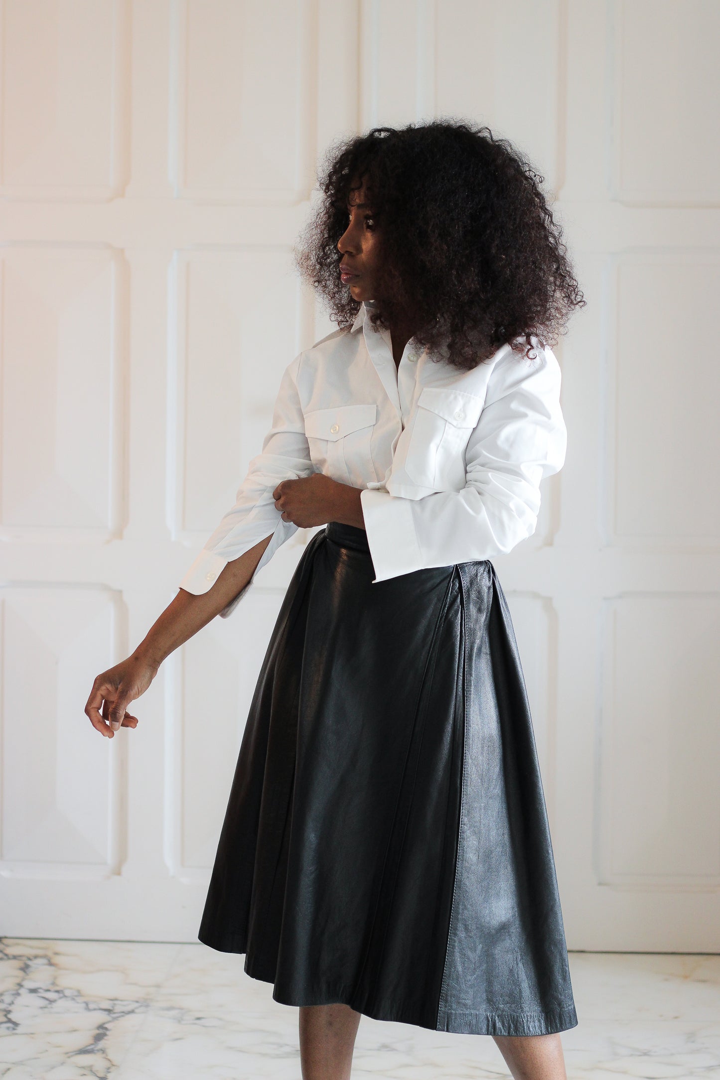 Jupe évasée taille haute cuir
