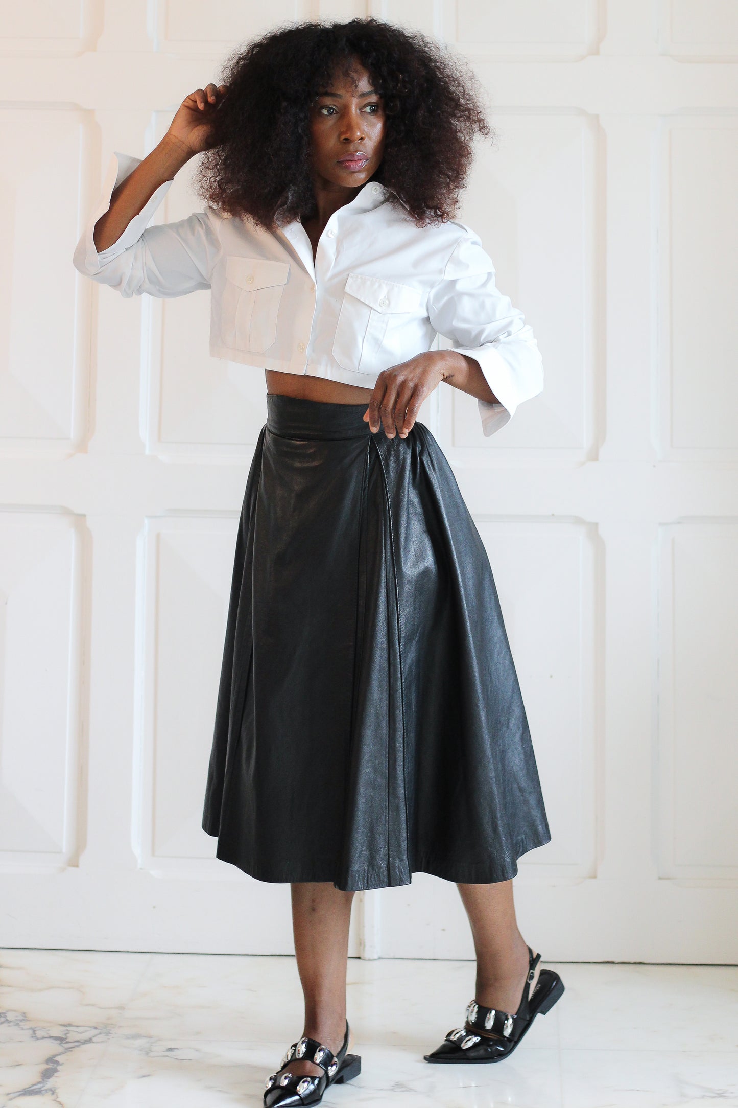 Jupe évasée taille haute cuir