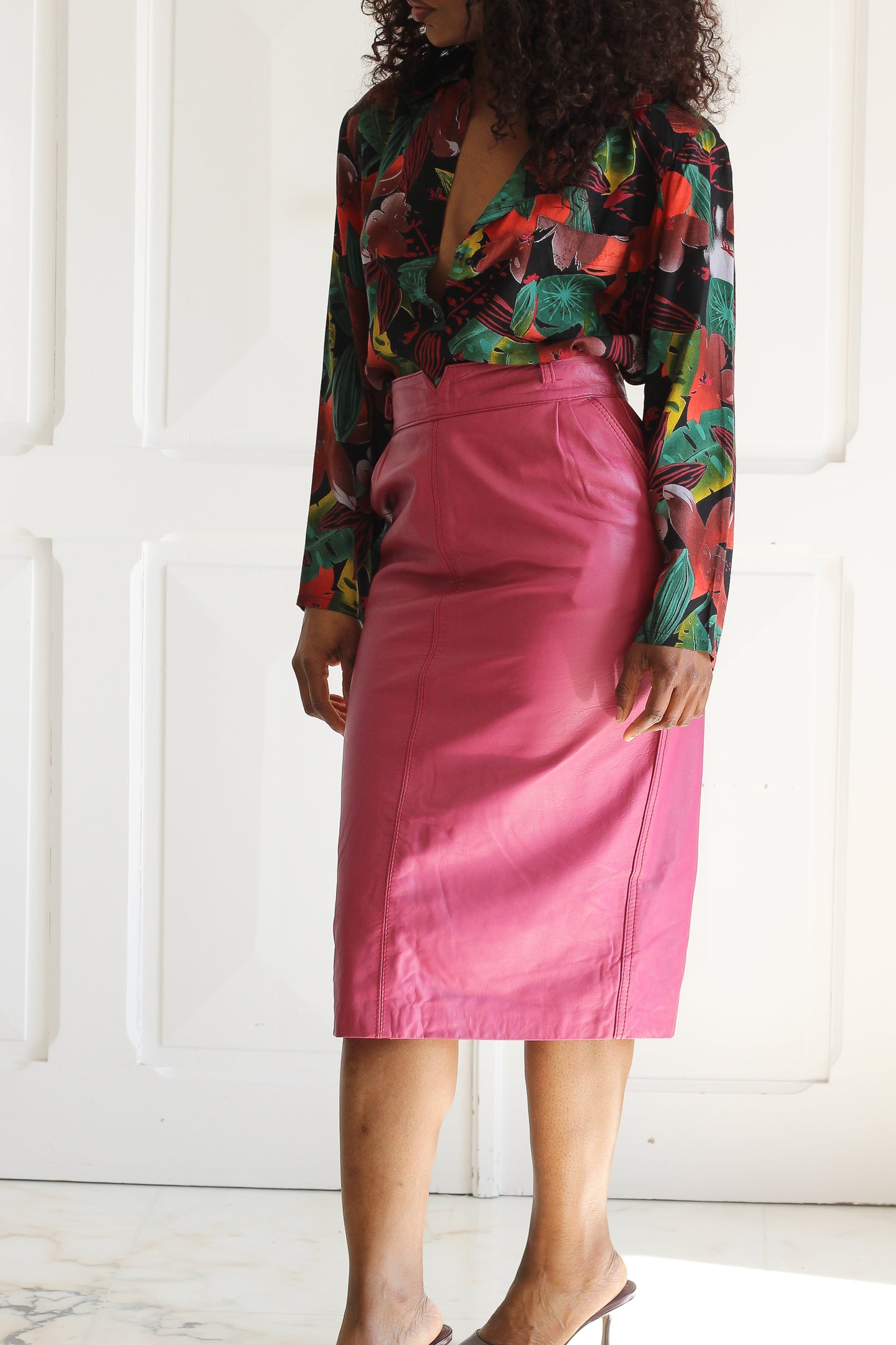 Jupe vintage en cuir rose