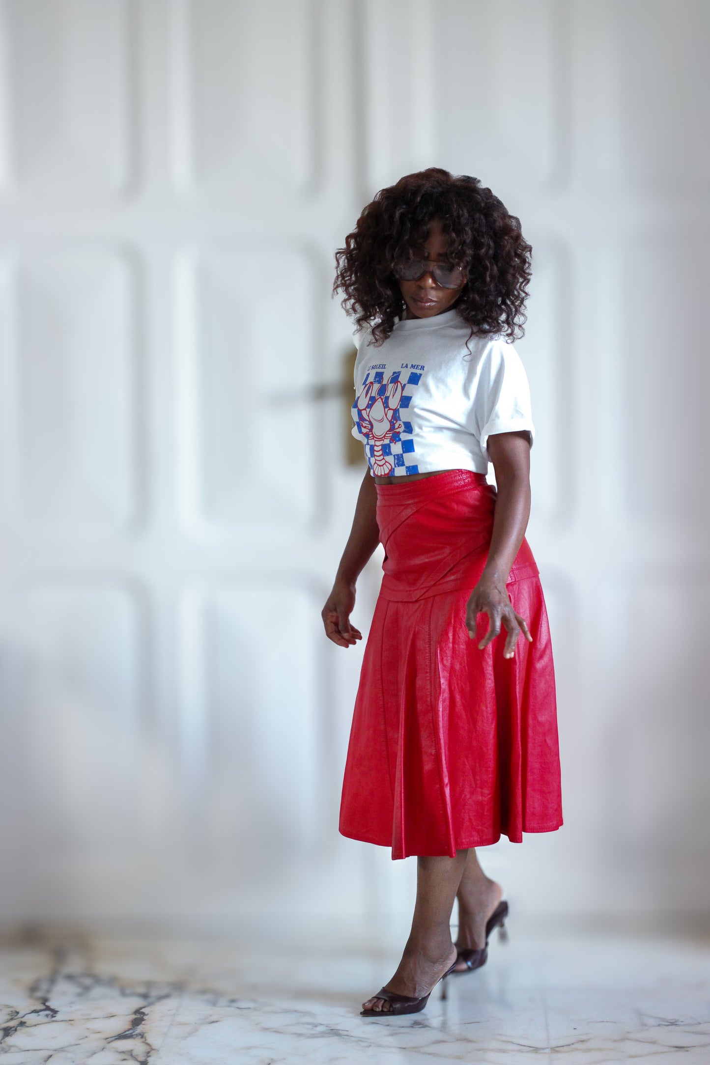 Jupe cuir rouge longueur midi