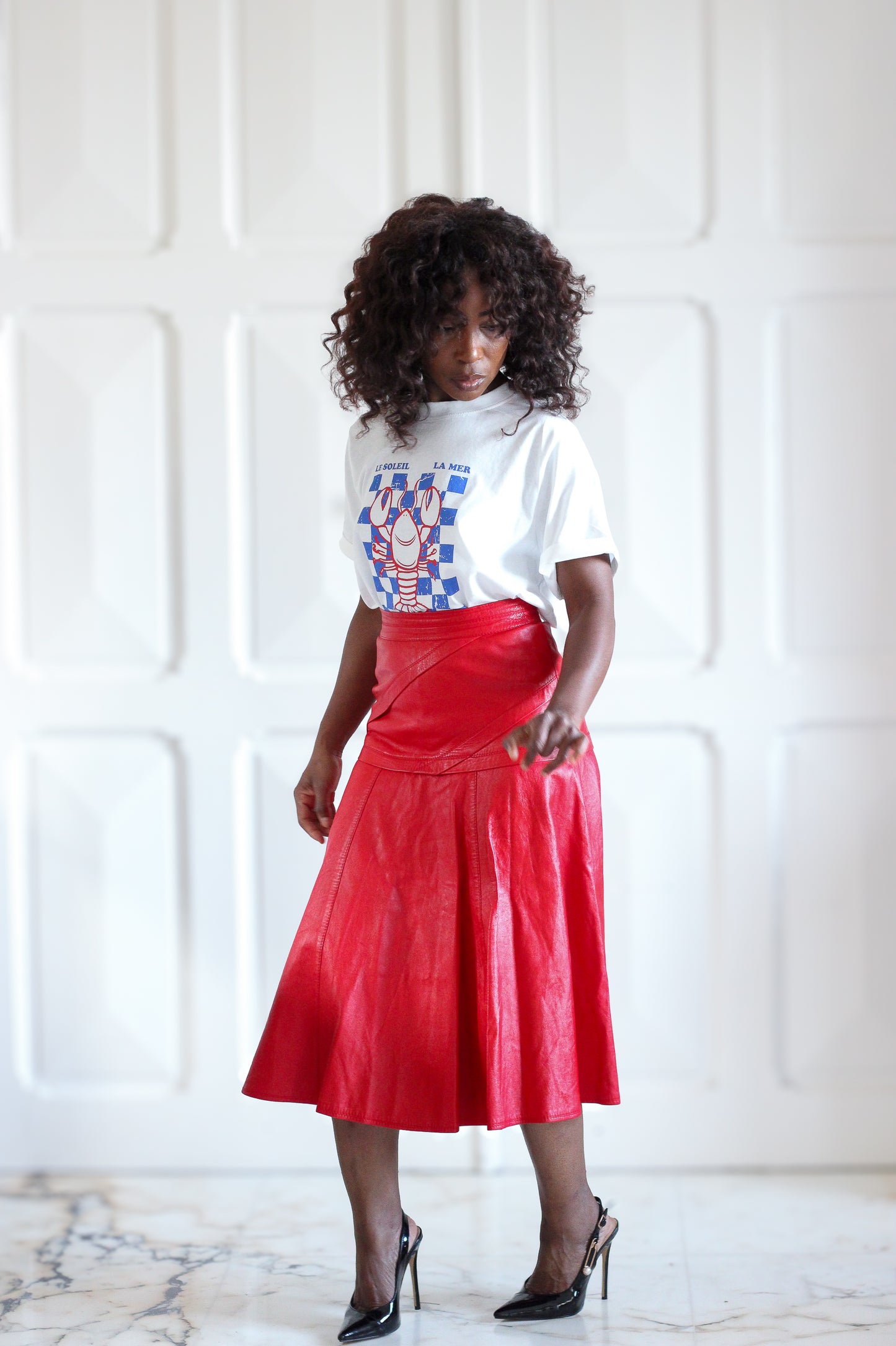 Jupe cuir rouge longueur midi