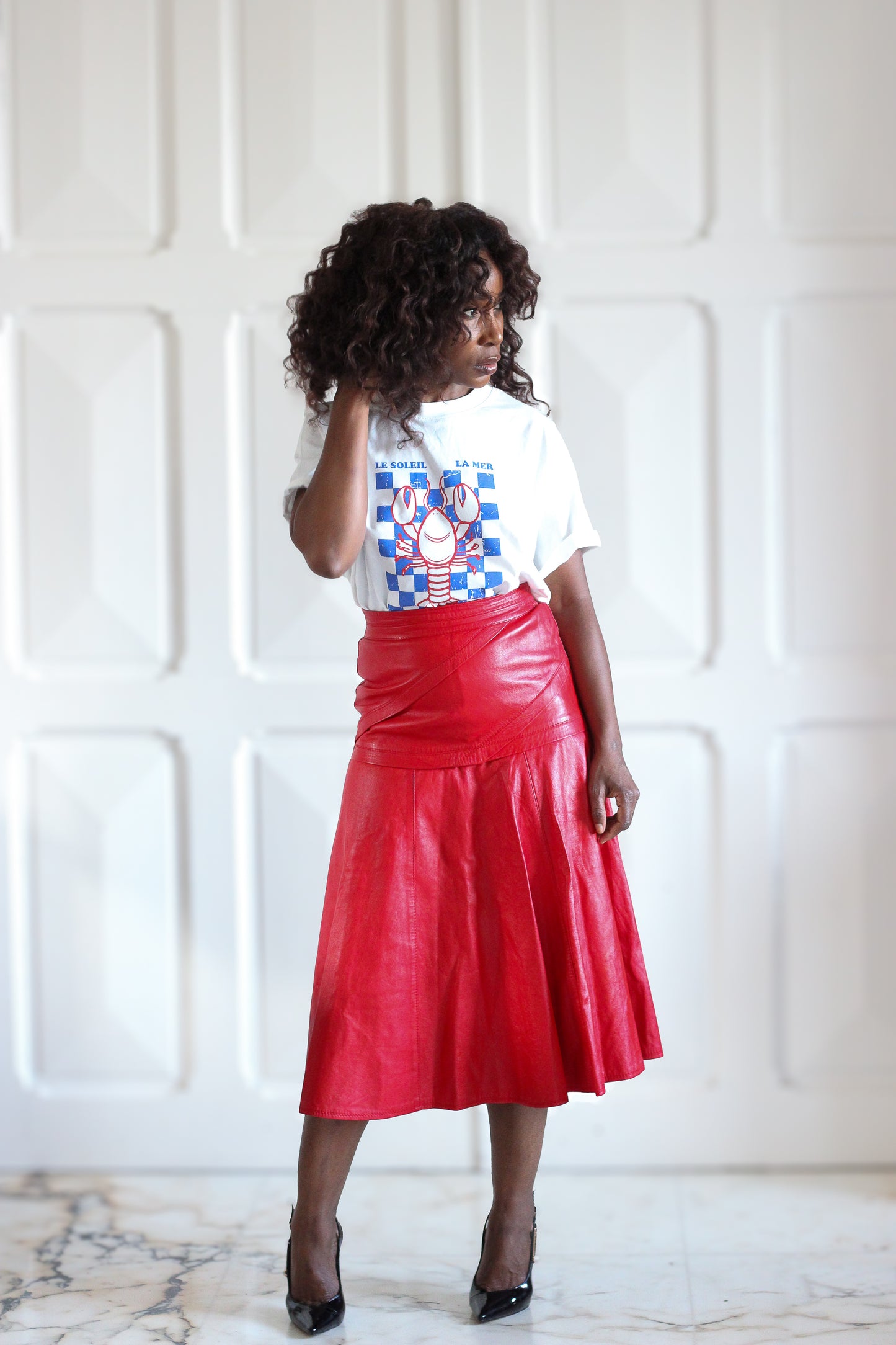 Jupe cuir rouge longueur midi
