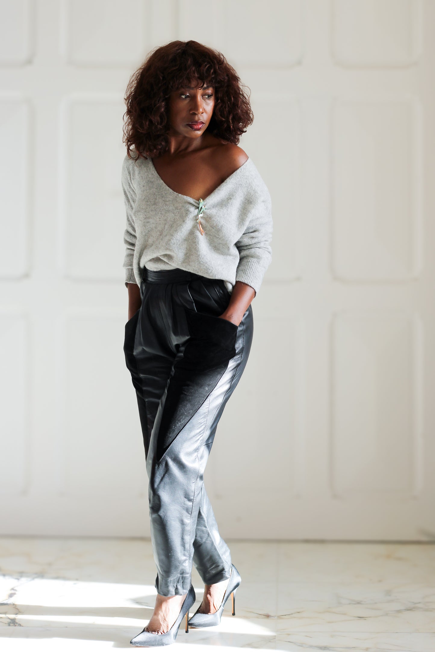 Pantalon cuir taille haute années 1980