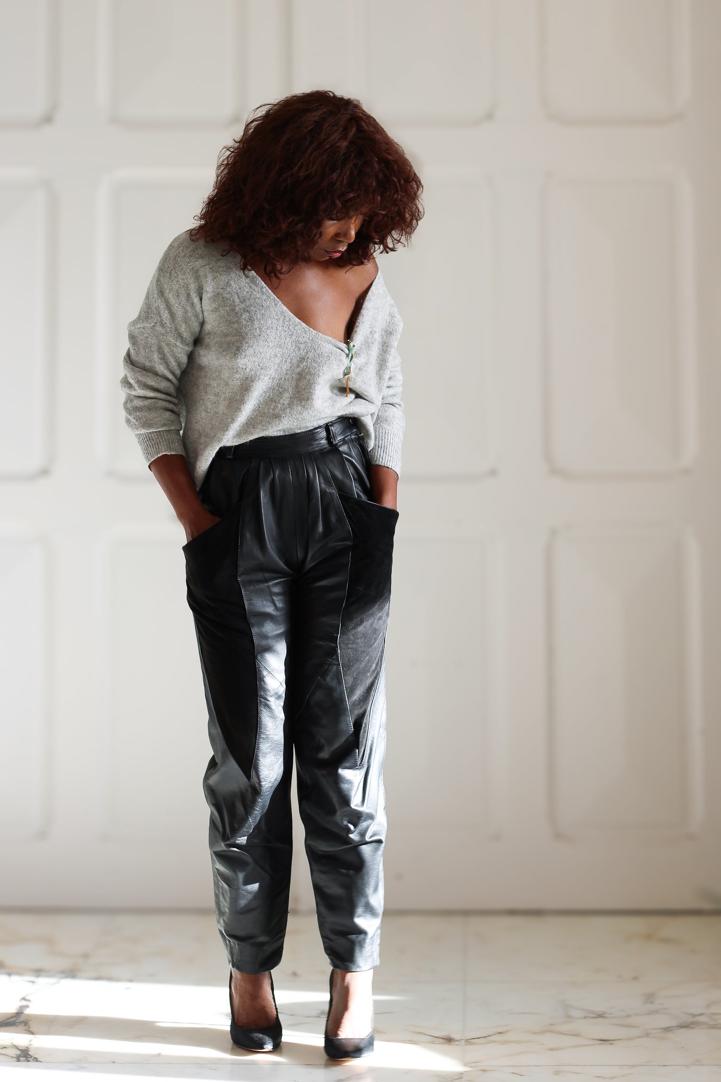 Pantalon cuir taille haute années 1980