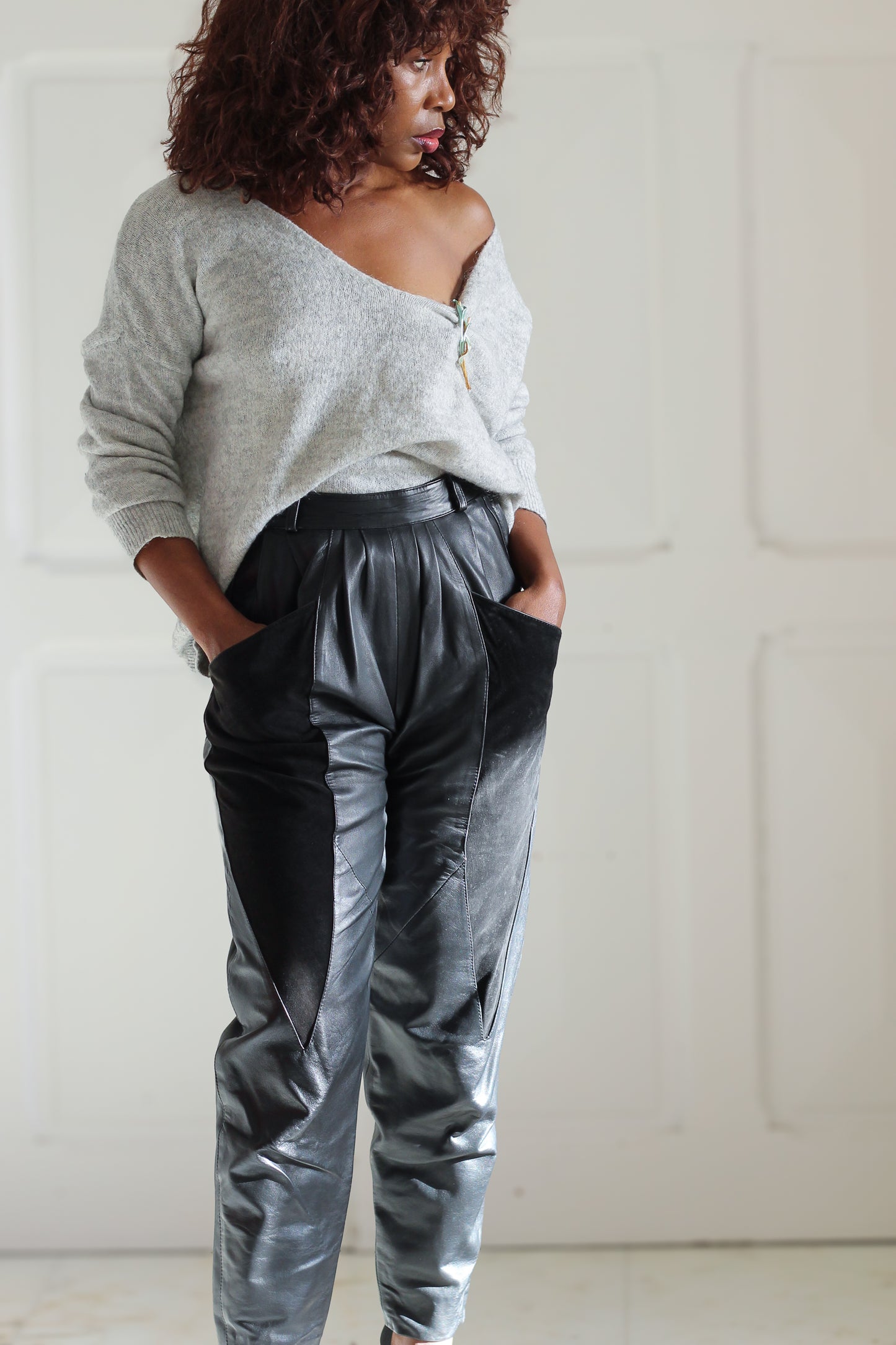 Pantalon cuir taille haute années 1980