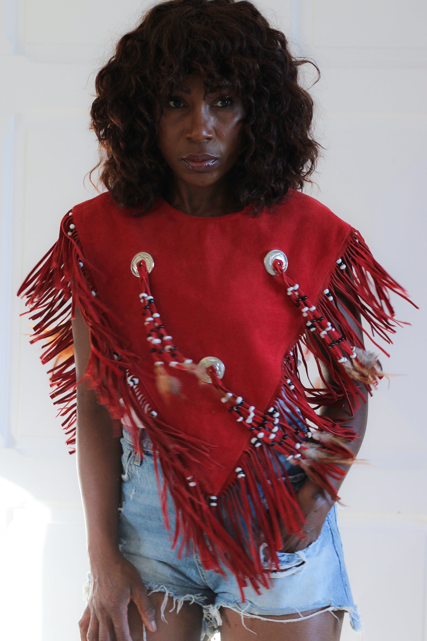Poncho en cuir à franges vintage à franges