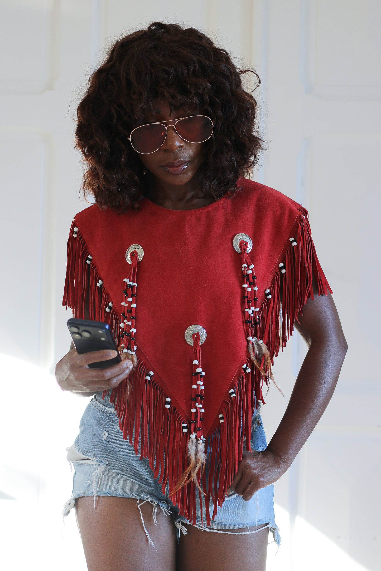 Poncho en cuir à franges vintage à franges