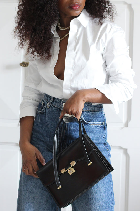 Sac à main vintage en cuir lisse -Années 1960