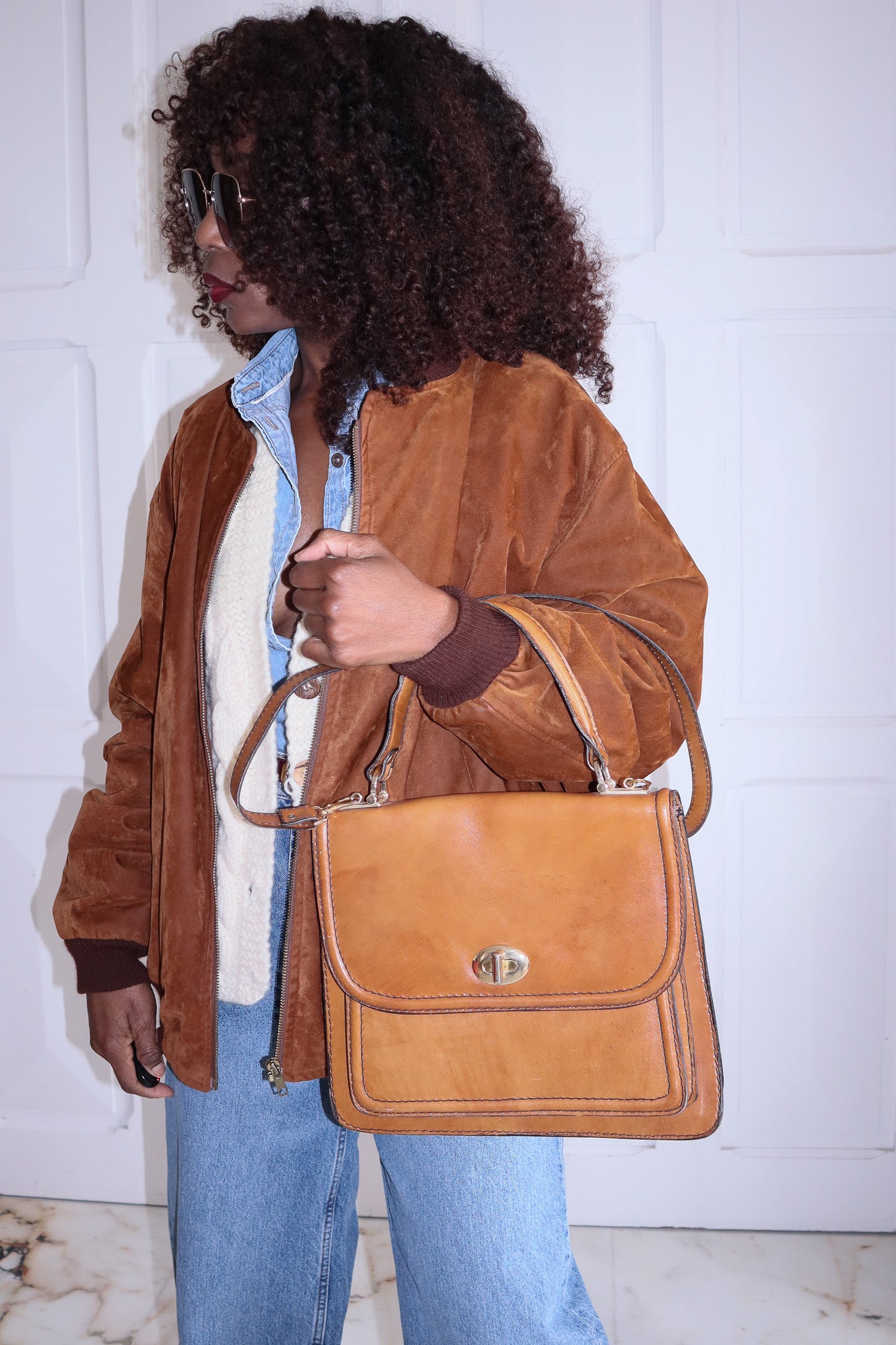 Sac cuir camel en bandoulière