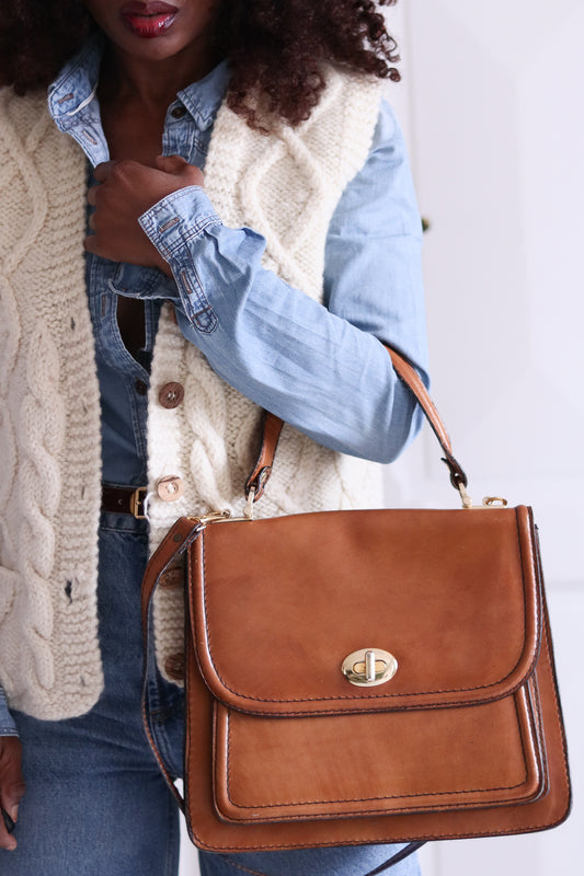 Sac cuir camel en bandoulière