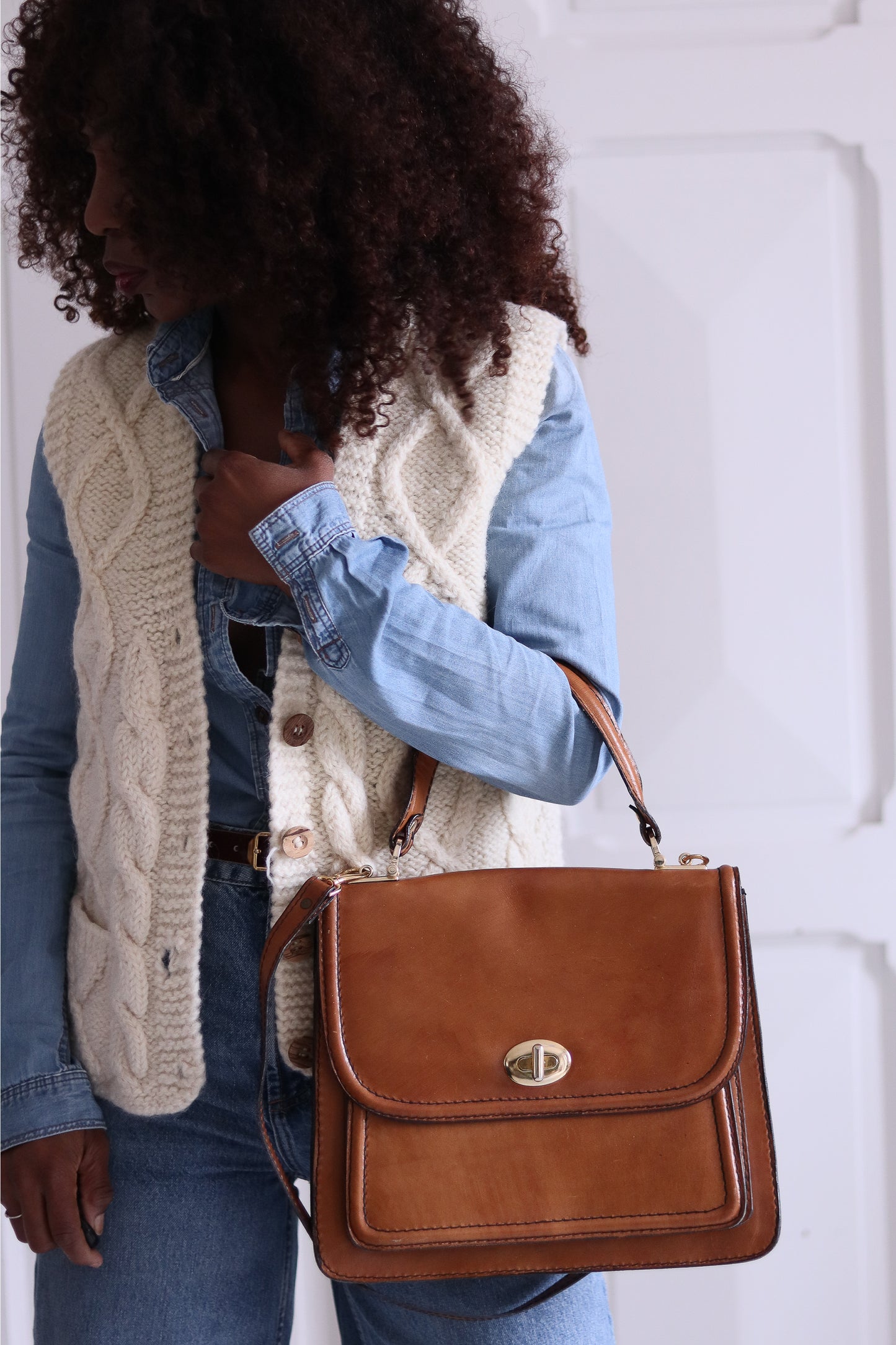 Sac cuir camel en bandoulière