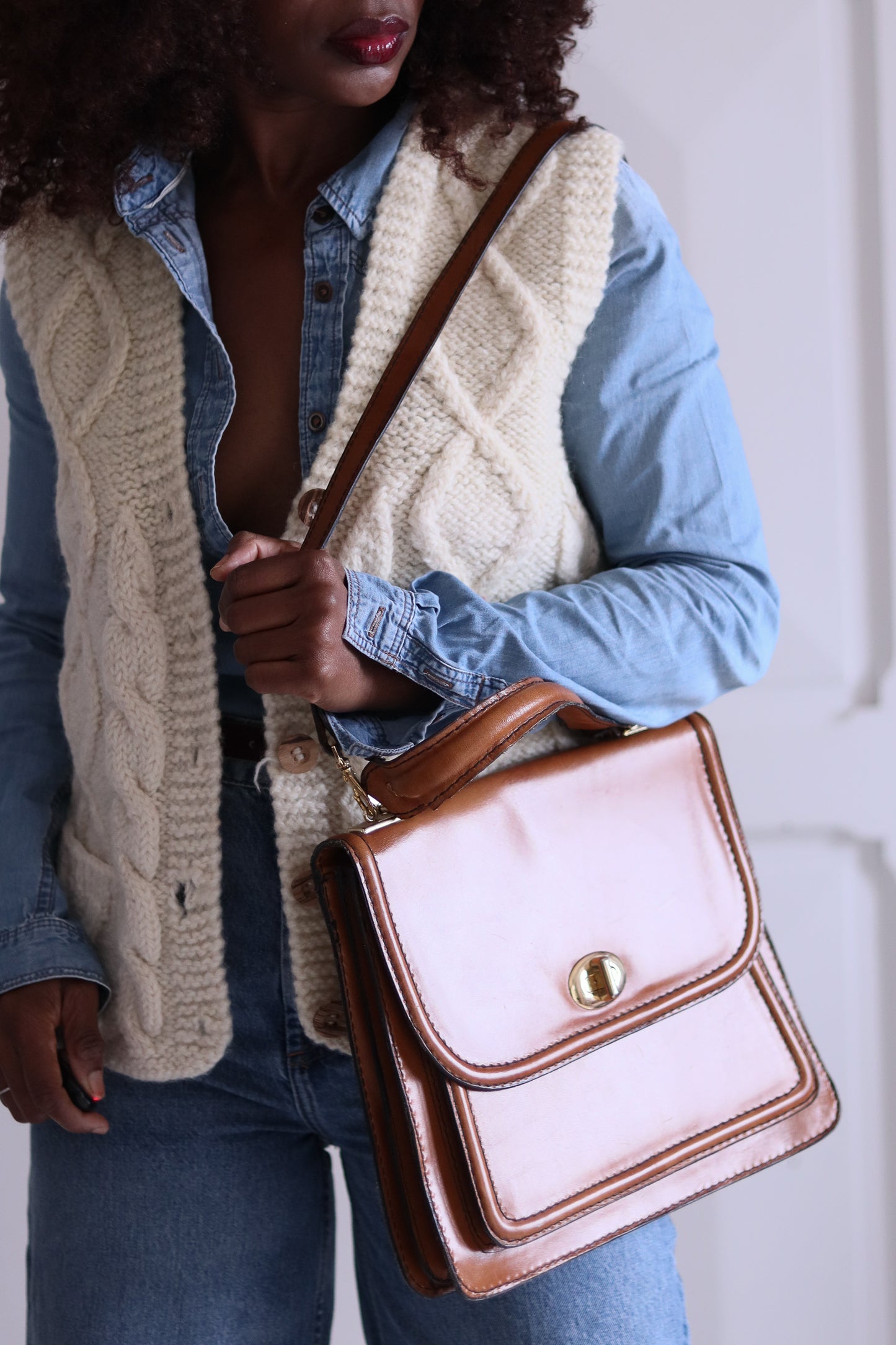 Sac cuir camel en bandoulière