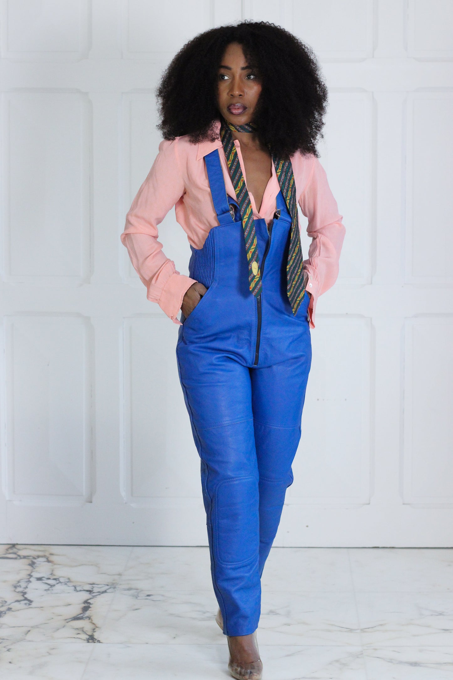 Salopette moto en cuir bleu