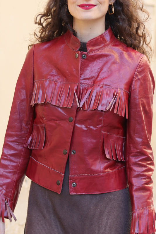 Veste à franges cuir rouge