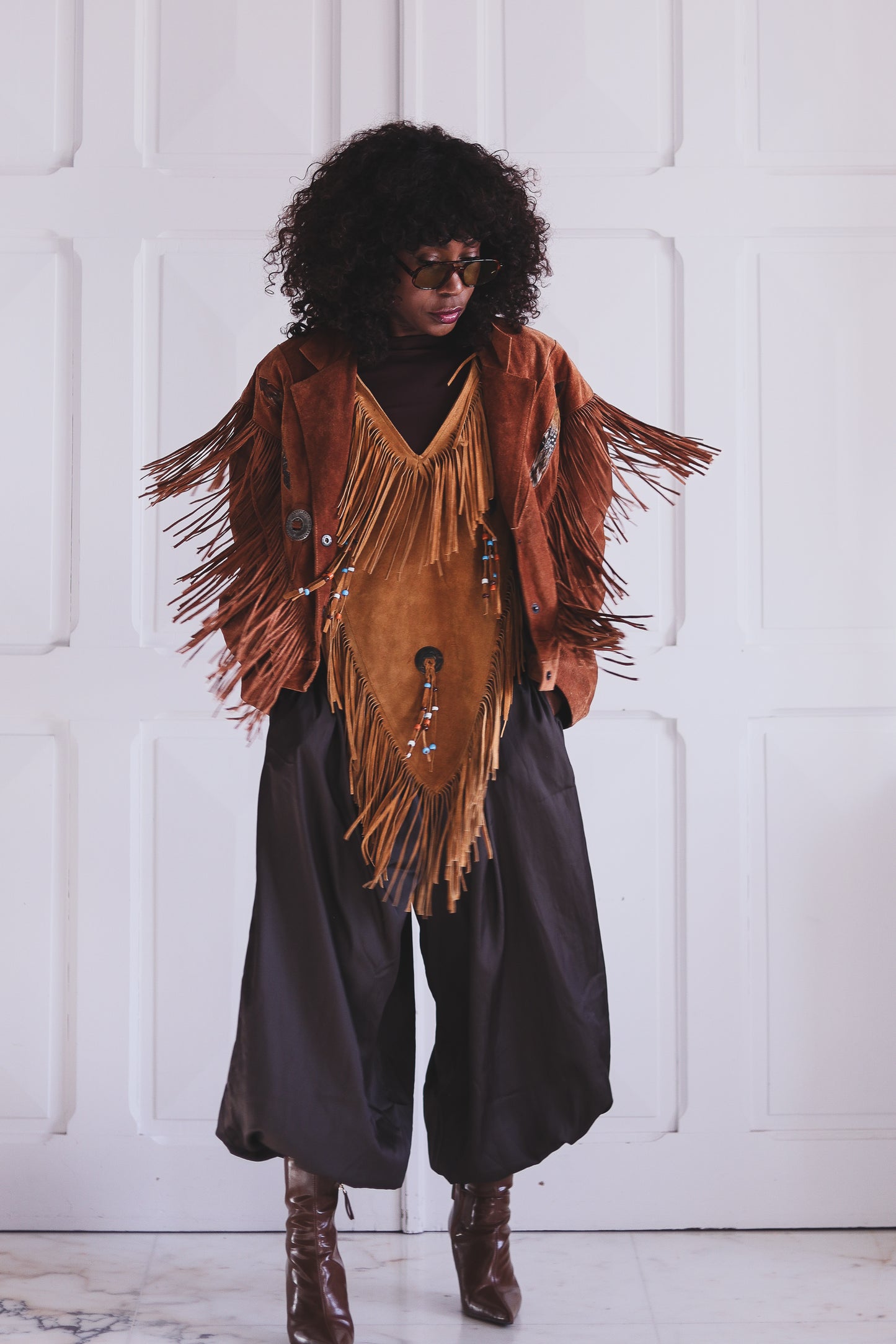 Poncho à franges cuir daim