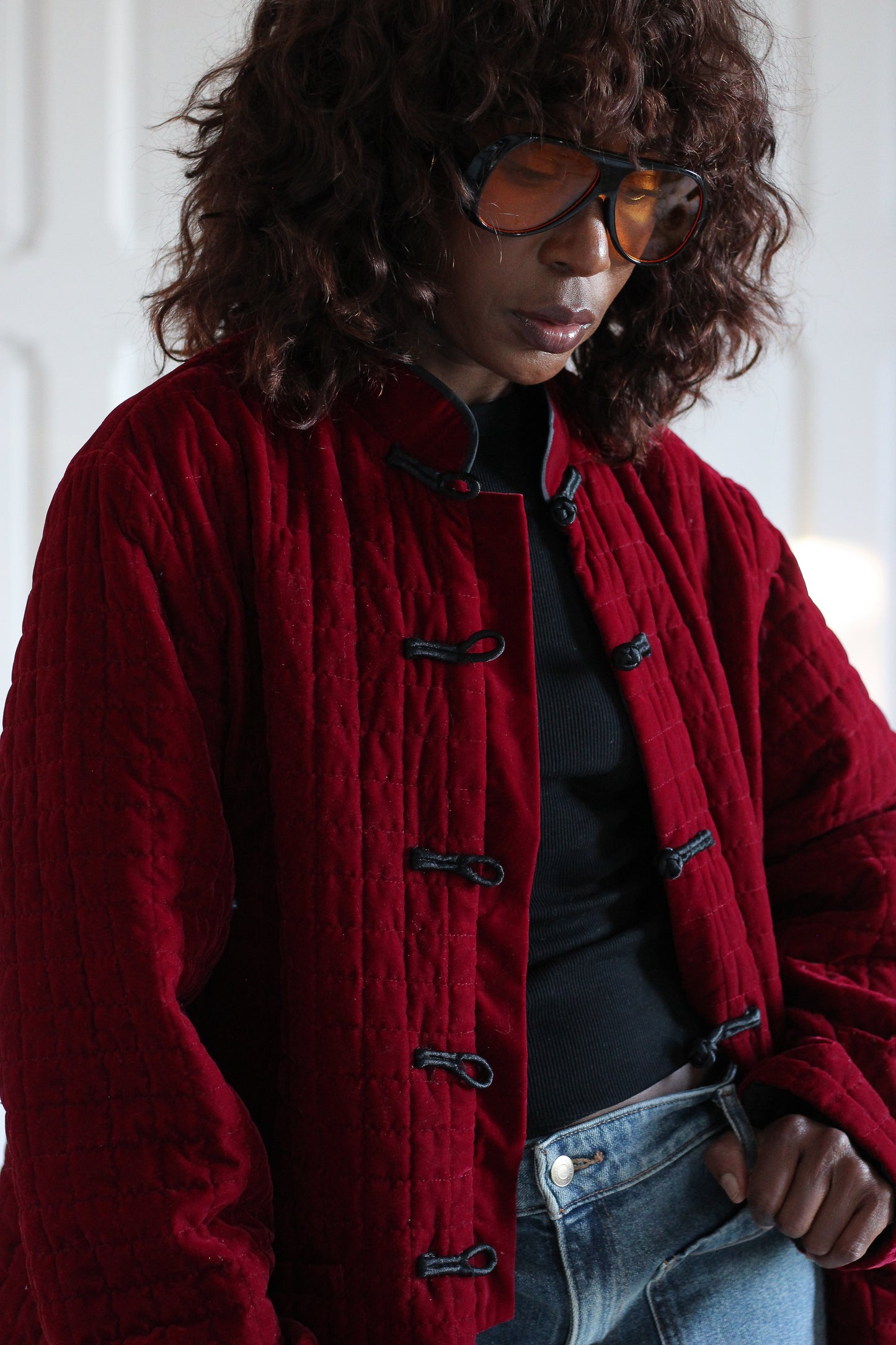 Veste matelassée velours rouge rubis