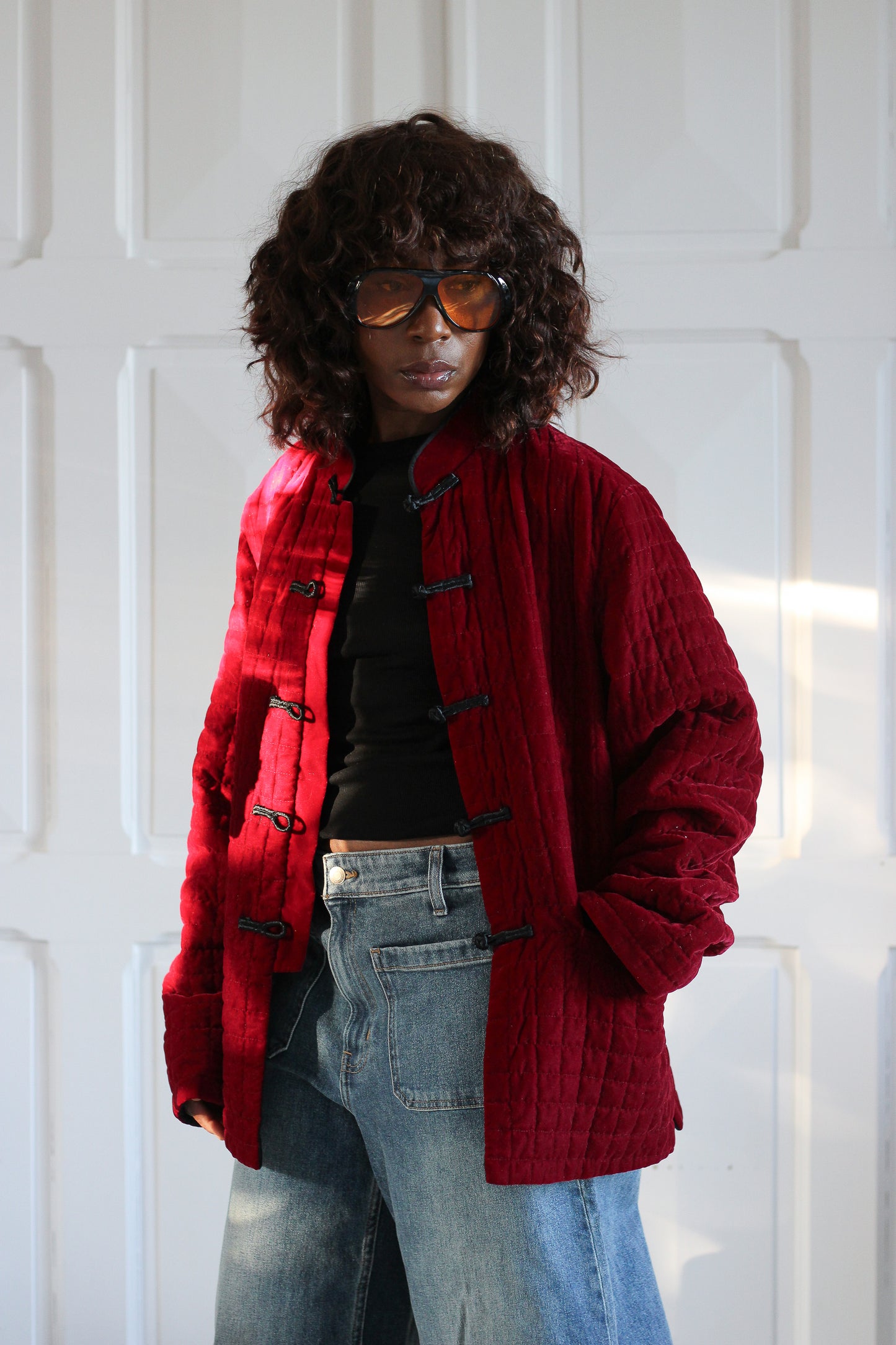 Veste matelassée velours rouge rubis